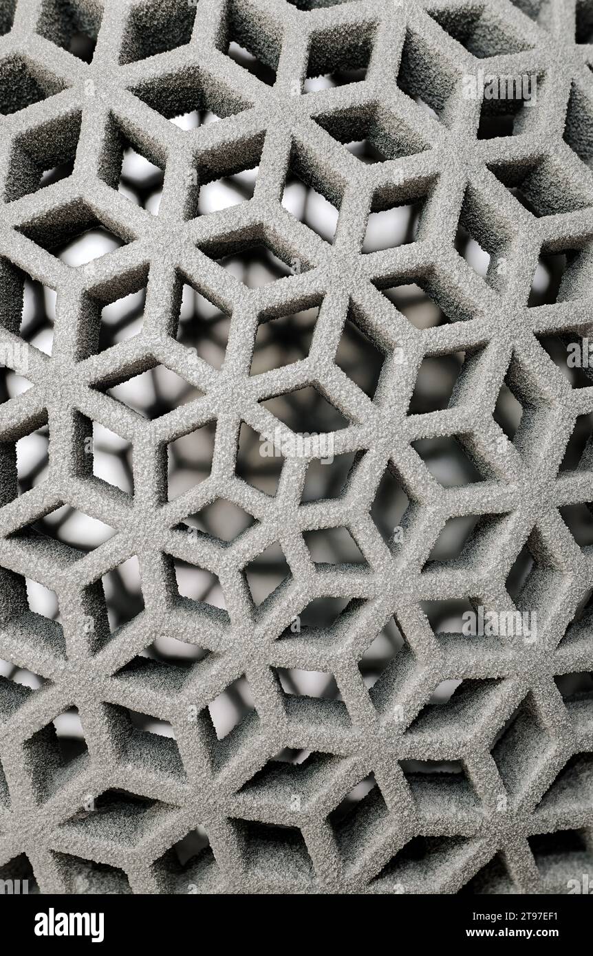 Durchbrochenes dreidimensionales Gitter, Matrix, geringe Tiefenschärfe, abstrakter Hintergrund des modernen Technologiekonzepts Stockfoto