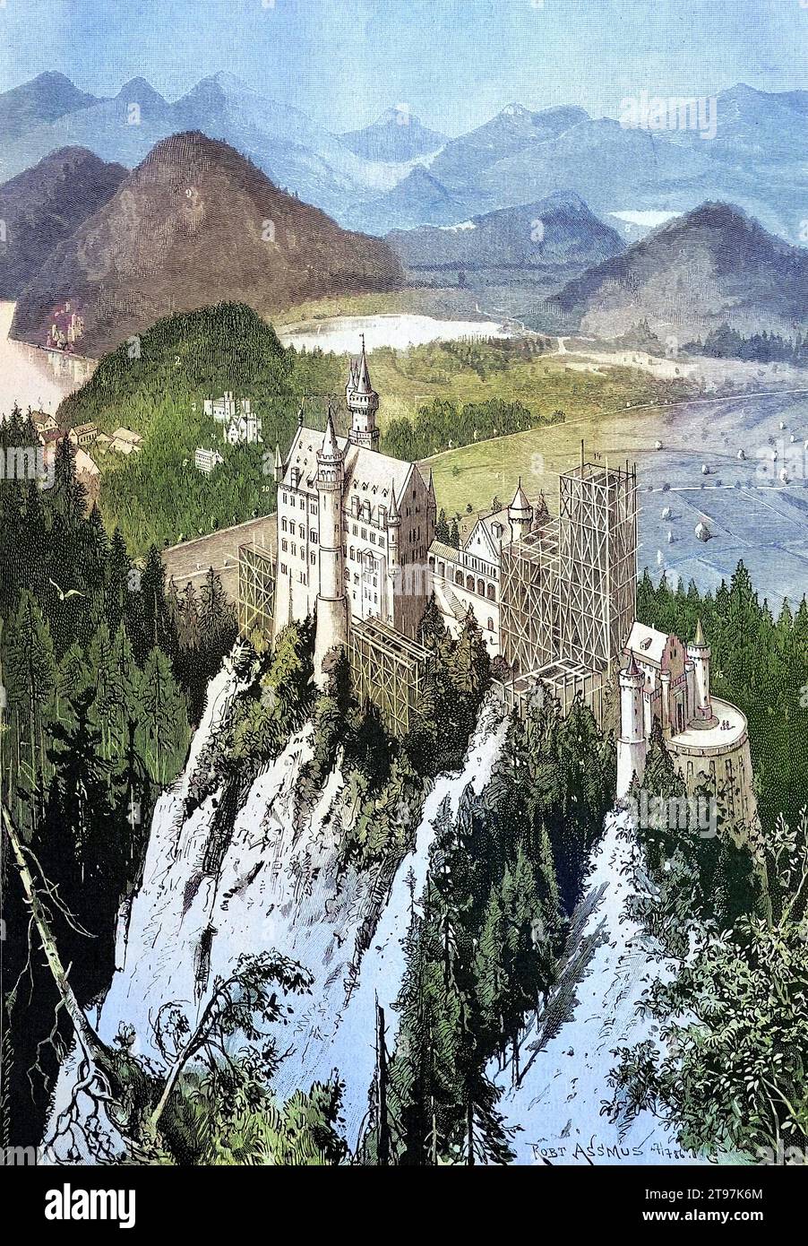 Baustelle von Schloss Neuschwanstein, Gerüst, Bayern, Deutschland, Historisch, digitale restaurierte Reproduktion von einer Vorlage aus dem 19. Jahrhundert, koloriert / Baustelle Schloss Neuschwanstein, Gerüst, Bayern, Deutschland, Historisches digital restaurierte Reproduktion eines Originals aus dem 19. Jahrhundert, farbig Stockfoto