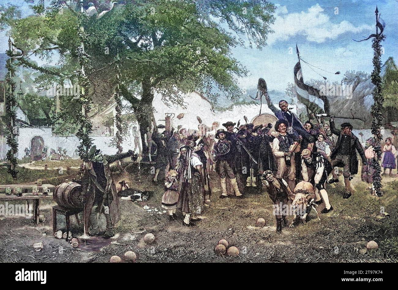 Der Sieger im Schweinauskegeln, Brauchtum, Volksfest, der Sieger bekommt ein Schwein als Preis, Landwirtschaft, Bayern, Österreich, Festgesellschaft, historisch, digital restaurierte Reproduktion von einer Vorlage aus dem 19. Jahrhundert, koloriert / der Gewinner der Schweinekegel, Zoll, Volksfest, der Gewinner bekommt ein Schwein als Preis, Landwirtschaft, Bayern, Österreich, Festgesellschaft, historische, digital restaurierte Reproduktion eines Originals aus dem 19. Jahrhundert, farbig Stockfoto