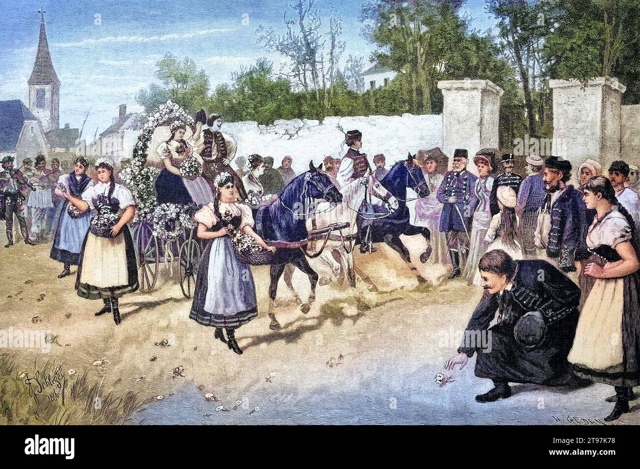 Das fest der Rosenkönigin, Brauchtum, Festzug mit der Königin auf der Pferdekutsche, Rosen, Blumenfest, wahrscheinlich Österreich, Historisch, digitale restaurierte Reproduktion von einer Vorlage aus dem 19. Jahrhundert, koloriert / das Festival der Rosenkönigin, Zoll, Prozession mit der Königin auf einer Pferdekutsche, Rosen, Blumenfest, wahrscheinlich Österreich, historisch, digital restaurierte Reproduktion eines Originals aus dem 19. Jahrhundert, farbig Stockfoto