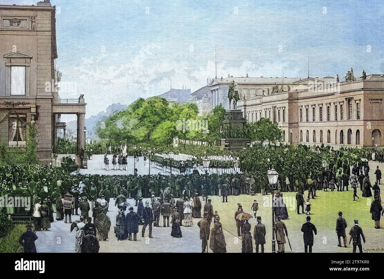 Fahnenparade am kaiserlichen Palais in Berlin um 1880, Deutschland, Historisch, digital restaurierte Reproduktion von einer Vorlage aus dem 19. Jahrhundert, koloriert / Flaggenparade am Kaiserpalast in Berlin um 1880, Deutschland, historische, digital restaurierte Nachbildung eines Originals aus dem 19. Jahrhundert, farbig Stockfoto