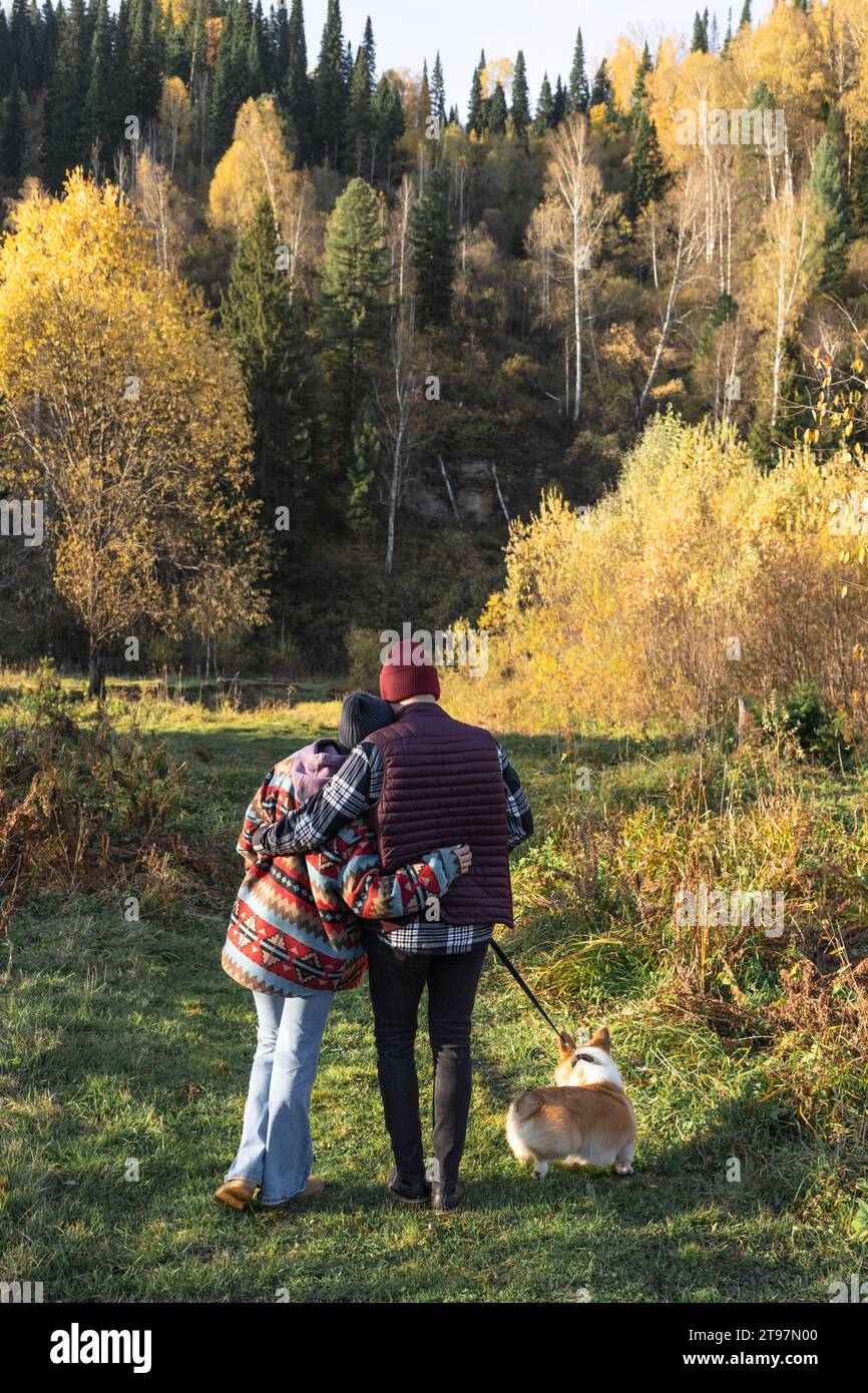 Ein paar spazierende Pembroke welsh Corgi am Wochenende im Park Stockfoto