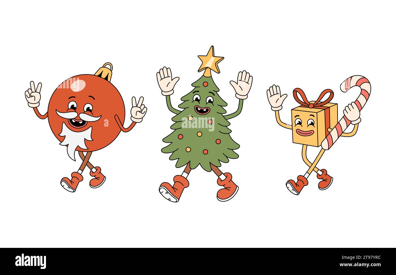 Groovige Weihnachtsfiguren - Baum, Geschenkbox mit Zuckerrohr, Spielzeug mit roter Kugel mit weißem Bart. Groovige Weihnachtsbaumfigur. Retro-groovige Cartoon-Cha Stock Vektor