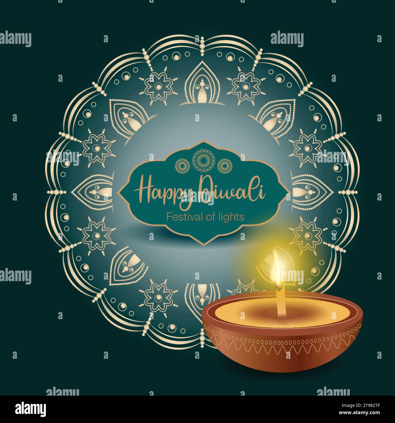 Happy Diwali ( Festival der Lichter) Vektor Illustration mit Mandala Kreis Design und Öl Diya. Stock Vektor