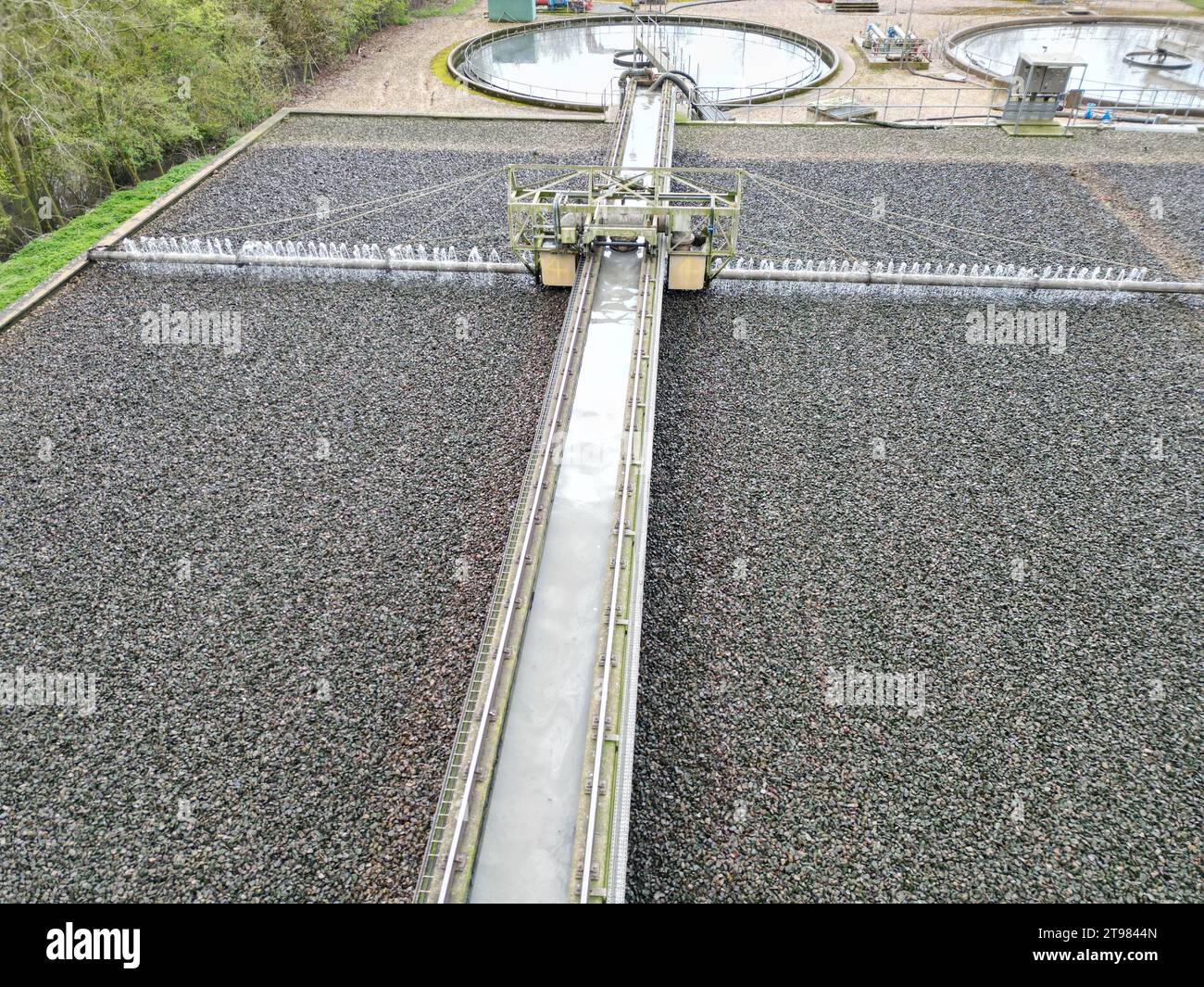 Filterbetten Wasseraufbereitungsanlage Saffron Walden Essex UK Luftaufnahme Stockfoto
