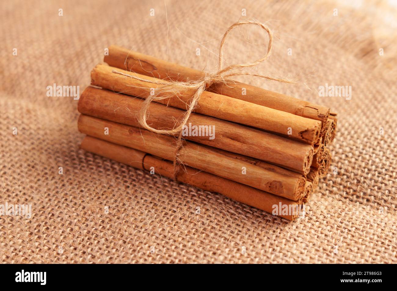 Getrocknete Zimtstäbchen, die mit einem Garnseil auf einem Sackleinen gebunden sind. Weihnachtskost und Aromatherapiekonzept Stockfoto