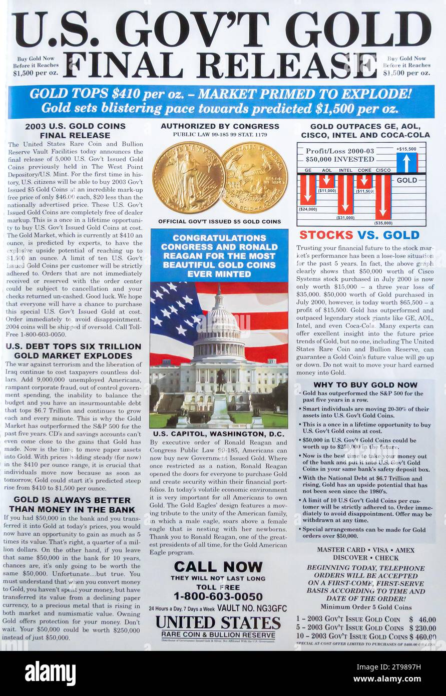 2004 United States Rare Coin & Bullion Reserve – endgültige Veröffentlichung der US-Regierung in Gold Stockfoto