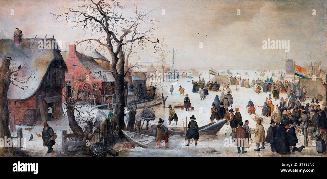 Winterszene auf einem Kanal von Hendrick Avercamp (1585-1634), Öl auf Holzplatte, 1615 Stockfoto