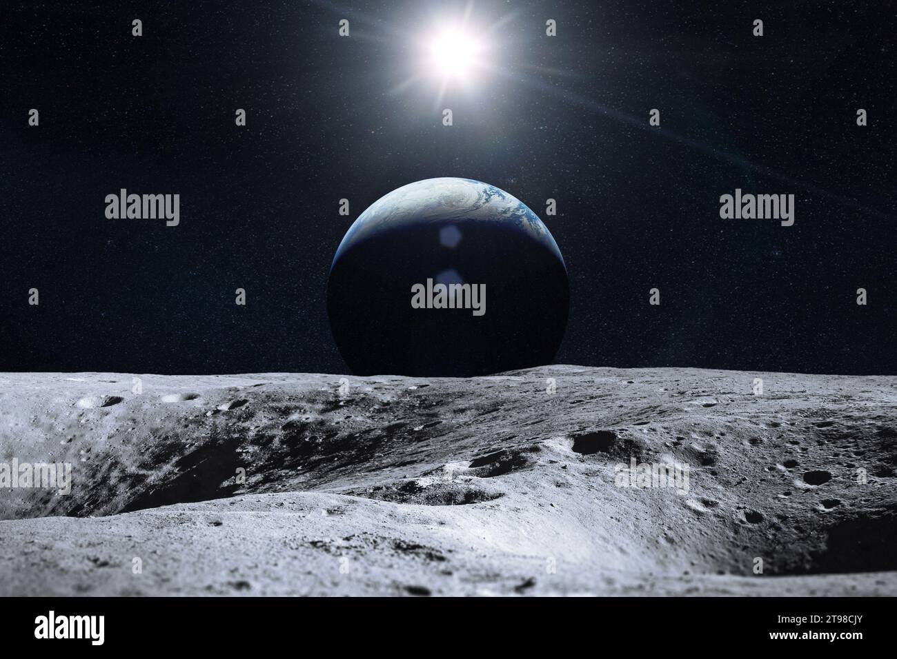 Erdplanet von der Mondoberfläche. Mond und Erde. Elemente dieses Bildes, bereitgestellt von der NASA. Stockfoto