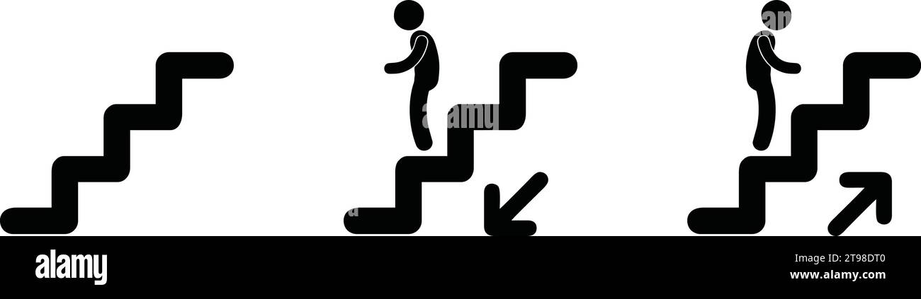 Symbol oben/unten. Walking man auf der Treppe. Karrieresymbol. Flaches Design. Vektorabbildung. Stock Vektor