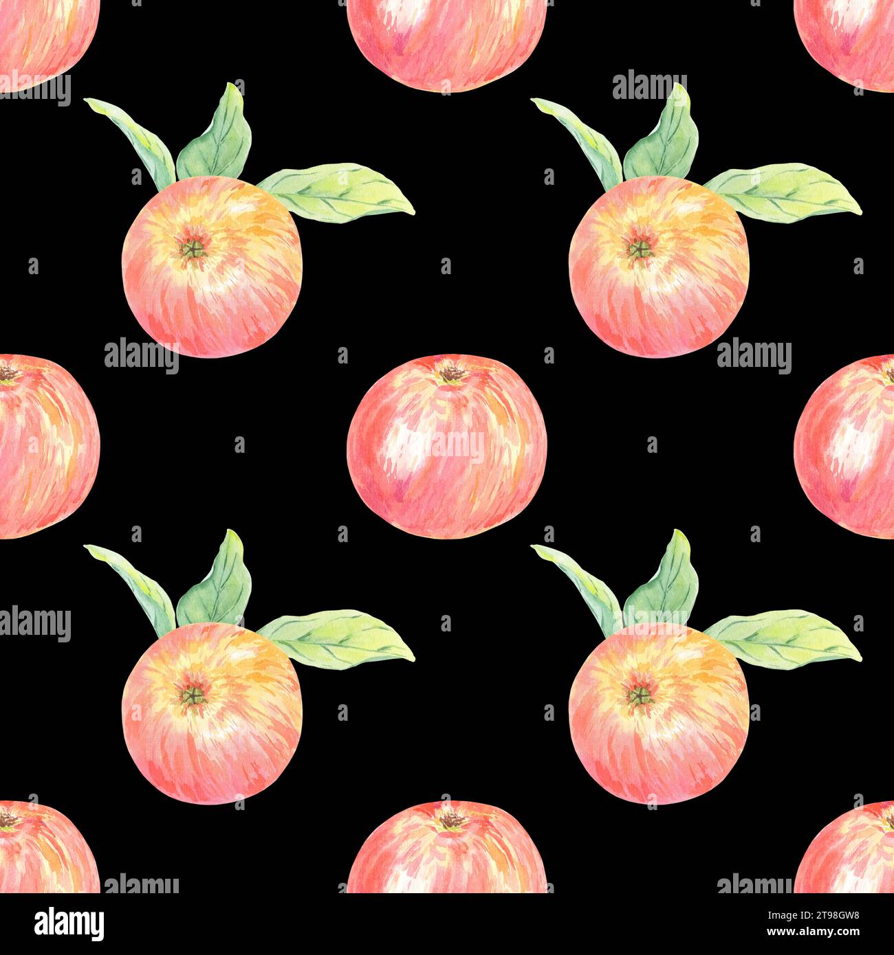 Nahtloses Aquarellmuster mit roten Äpfeln. Lebensmittelillustration handgemalt in botanischem Stil auf schwarzem Hintergrund für die Verwendung in Textil, Tapeten Stockfoto