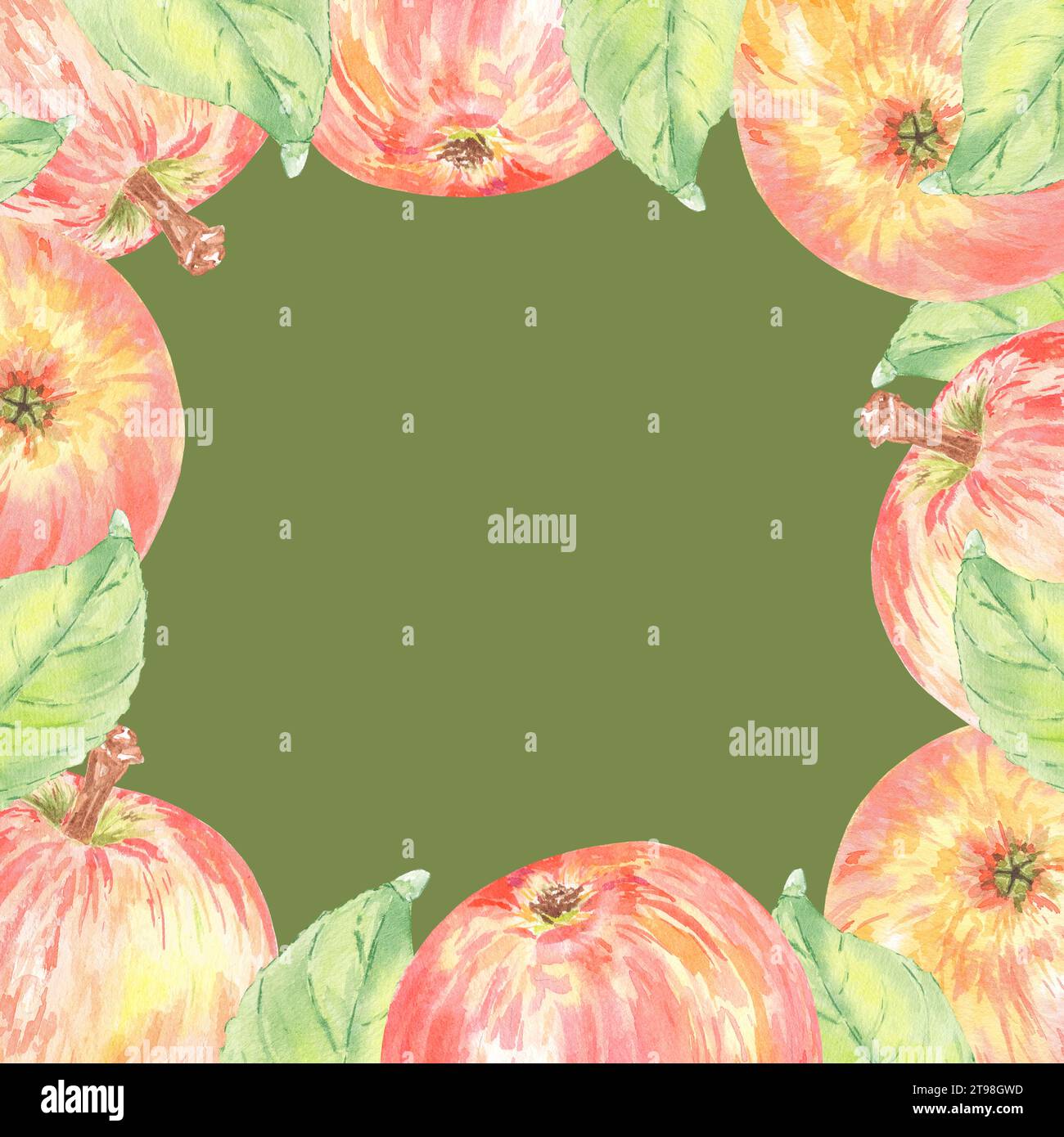 Aquarellrahmen Apfelrot isolierte Illustration auf grünem Hintergrund. Herbstfrucht für Logo, Menü, Karte, Muster. Kunst für Design. Gesunde Ernährung Stockfoto