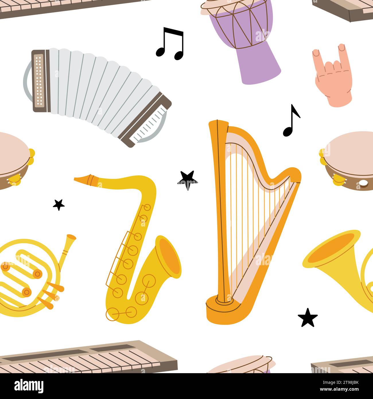 Musikinstrumentenmuster. Tuba, Trompete, Trommelflöte, Horn, Laute, Violine, Bassgitarre, Akustikgitarre. Farbige Musikinstrumente Stock Vektor
