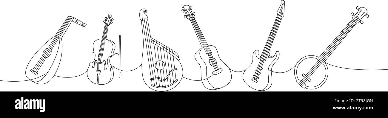 Satz von Saitenmusikinstrumenten. Laute, Violine, Bandura, Akustikgitarre, E-Bass, us-Banjo durchgehende einzeilige Illustration. Stock Vektor
