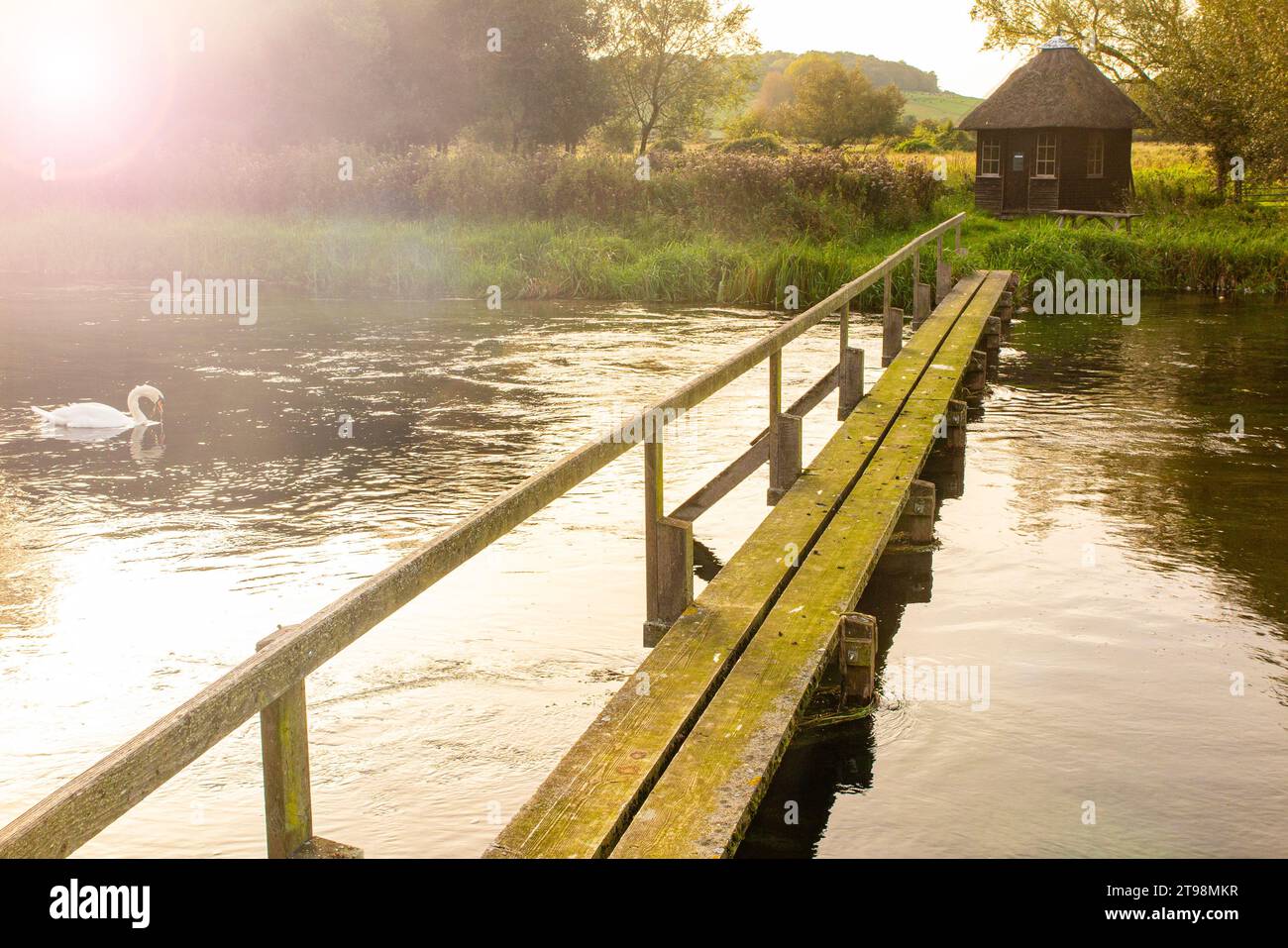 Der berühmte Leckford Beat of the River Test mit einer strohgedeckten Fischerhütte in Hampshire, England Stockfoto