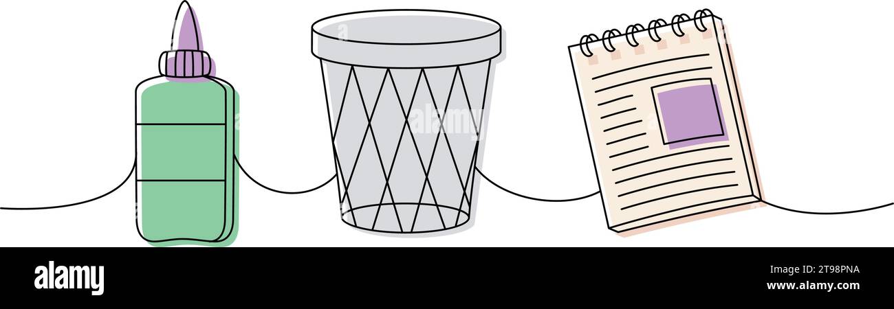 Schulbedarf. Zurück in die Schule, einzeilige, durchgehende Zeichnung. Flasche Kleber, Mülleimer, durchgehende 1-zeilige Illustration des Notizbuchs. Stock Vektor