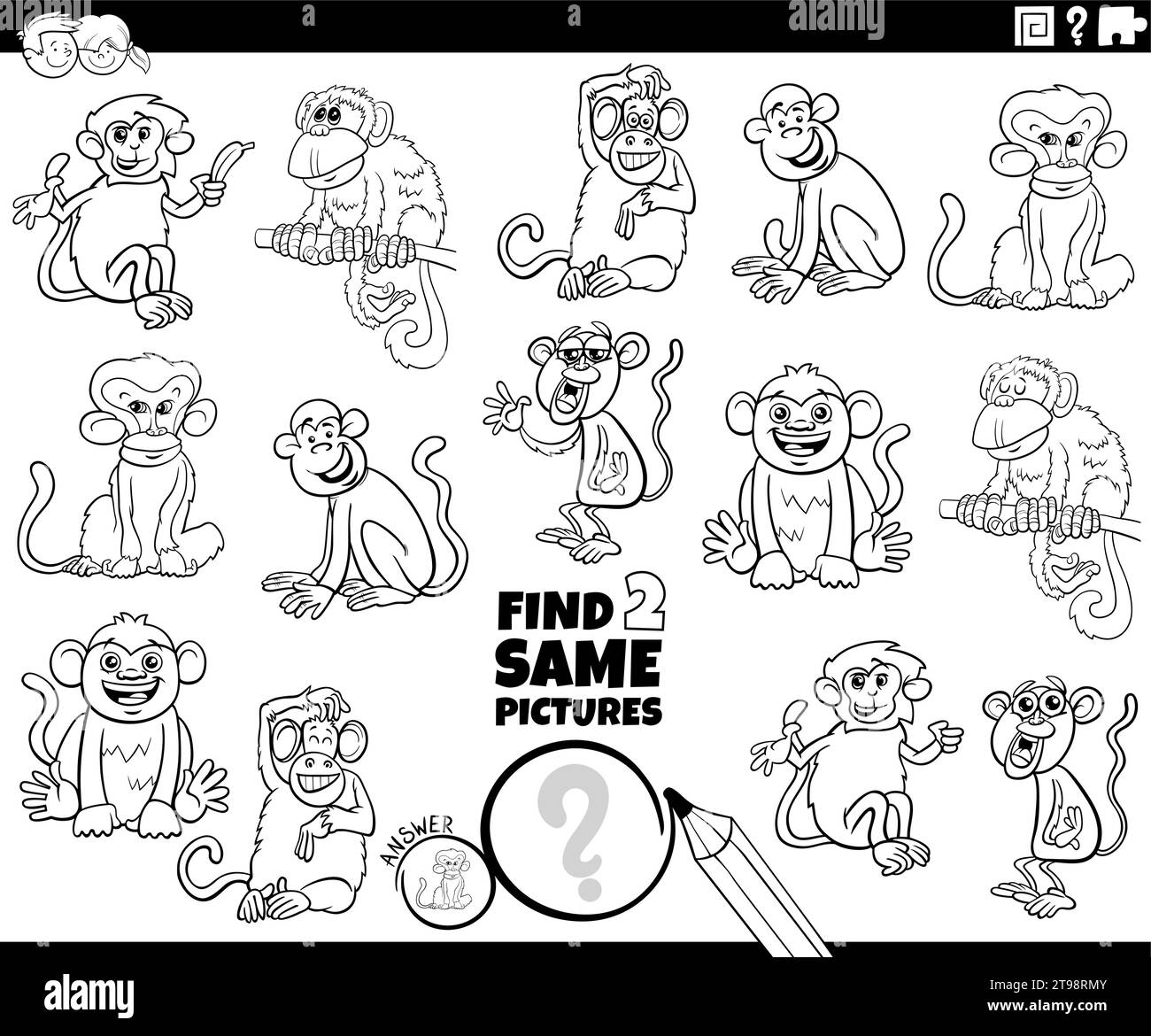 Zeichentrickillustration von zwei gleichen Bildern Lernspiel mit Affen Tierfiguren Malseite Stock Vektor
