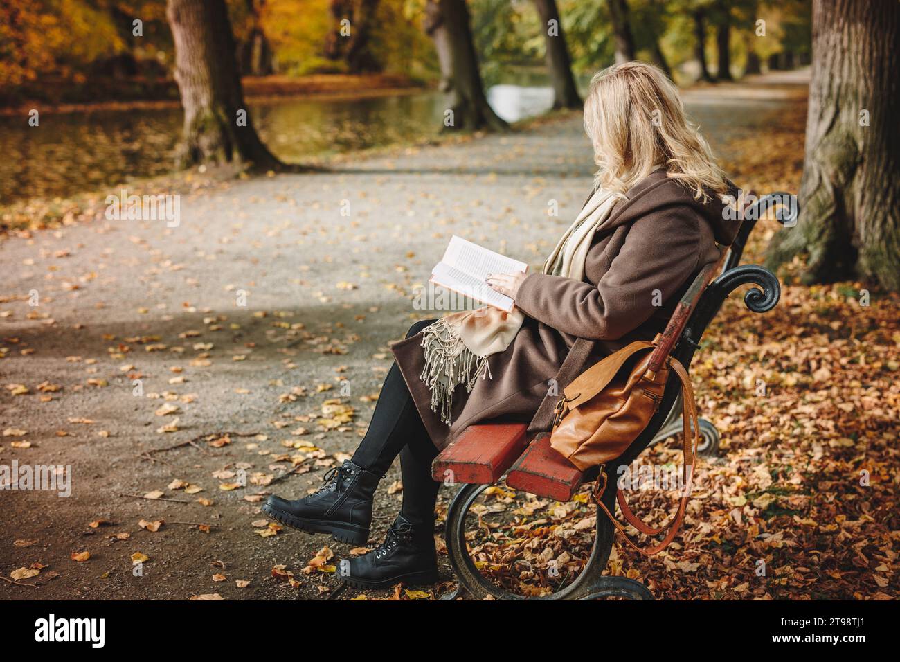 Frau sitzt auf der Bank und liest Buch im Herbstpark. Entspannung und digitale Entgiftung im Freien Stockfoto