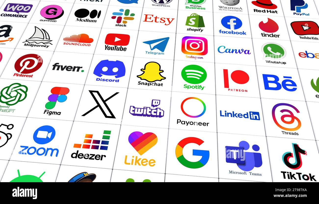 Social Media, Social Media Logos Visuelle Präsentation – Hintergrunddesign. Stockfoto