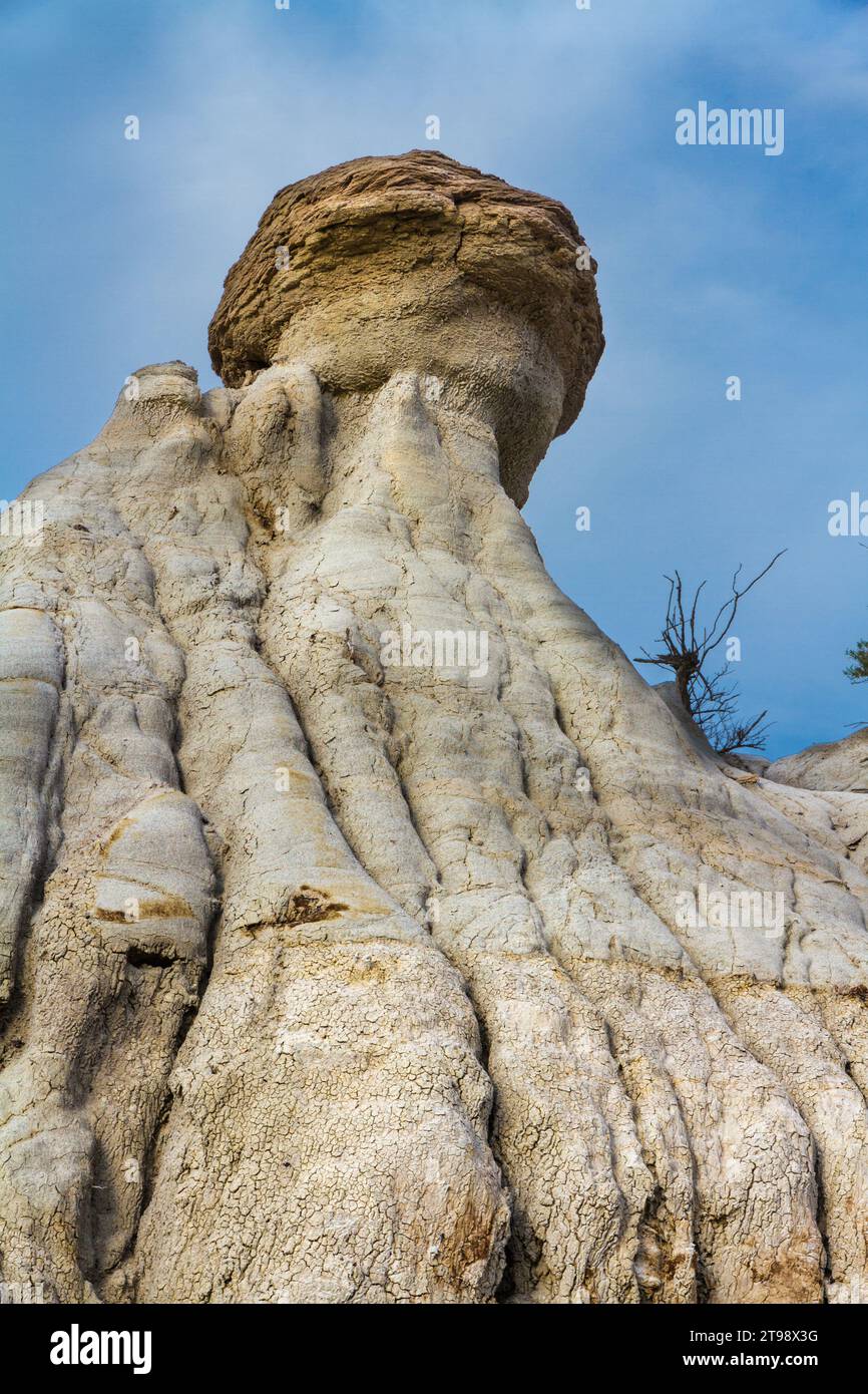 Ein Hoodoo mit einer Turmspitze in den Dinosaurier-Badlands. Stockfoto