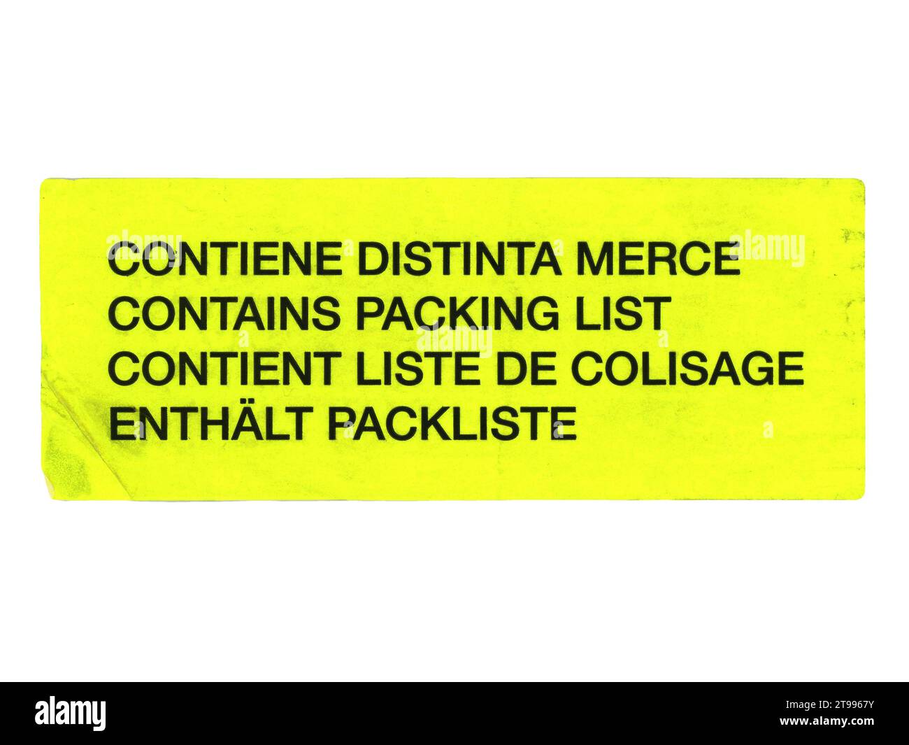 Mehrsprachig enthält Packlistenetikett in Italienisch Englisch Französisch und Deutsch isoliert auf weißem Hintergrund Stockfoto