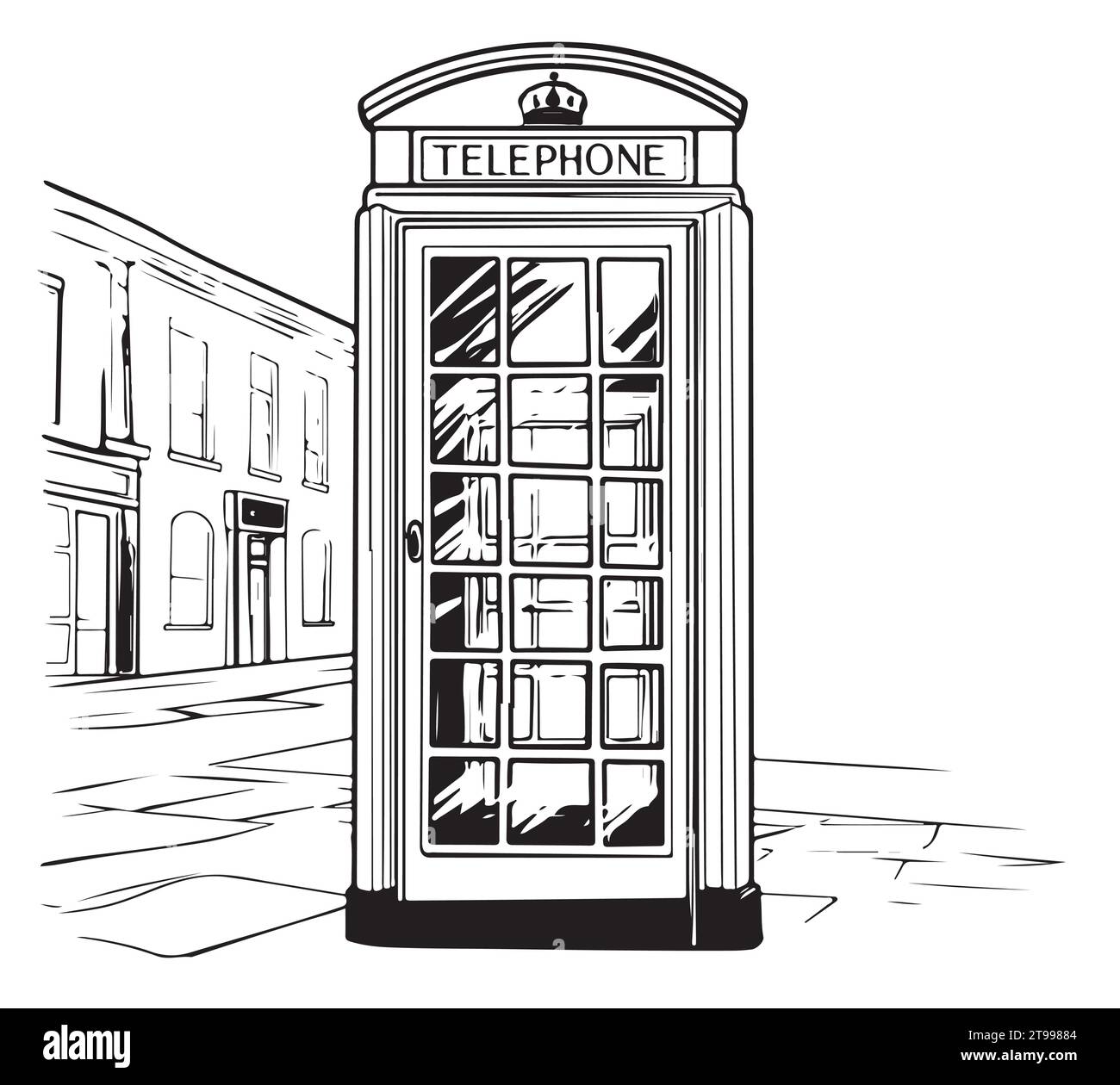 Londoner Münztelefon. Handgezeichnete Skizze, isoliert auf weißem Hintergrund Stock Vektor