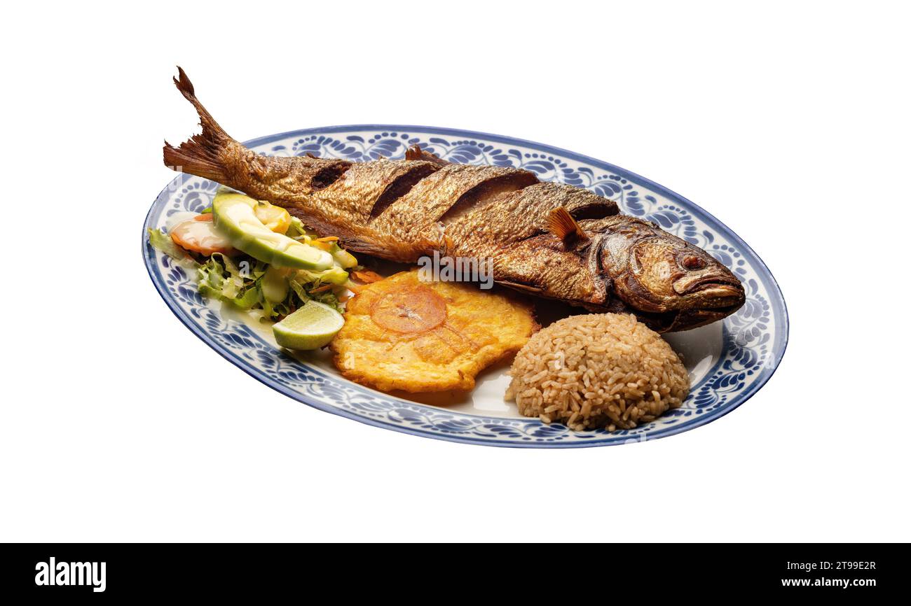 Gebratener Sardellenfisch mit Kokosreis, Patacon und Gemüsesalat Stockfoto