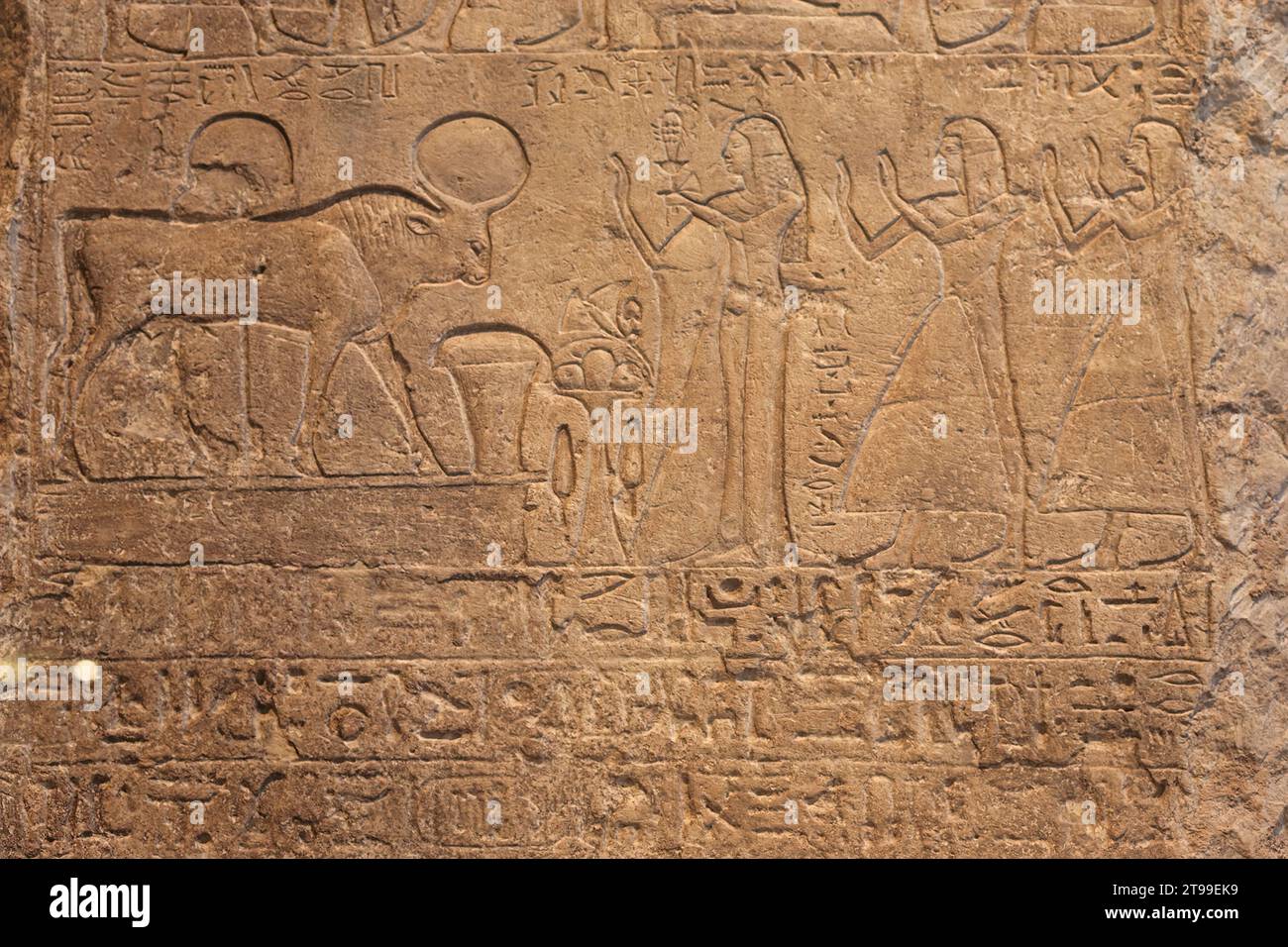 Altägyptische Hieroglyphen und APIs Stiergott im Louvre Museum in Paris, Frankreich. Stockfoto