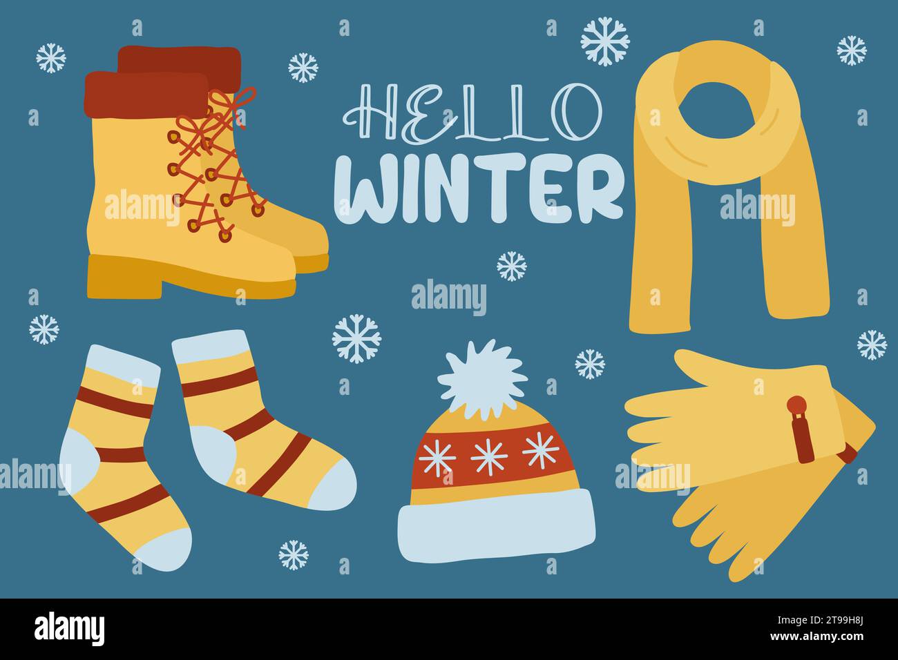 Set aus Schnürstiefeln, Schal, Socken, Mütze und Handschuhen, warmes Winterzubehör, Vektorabbildung mit flachem Stil Stock Vektor
