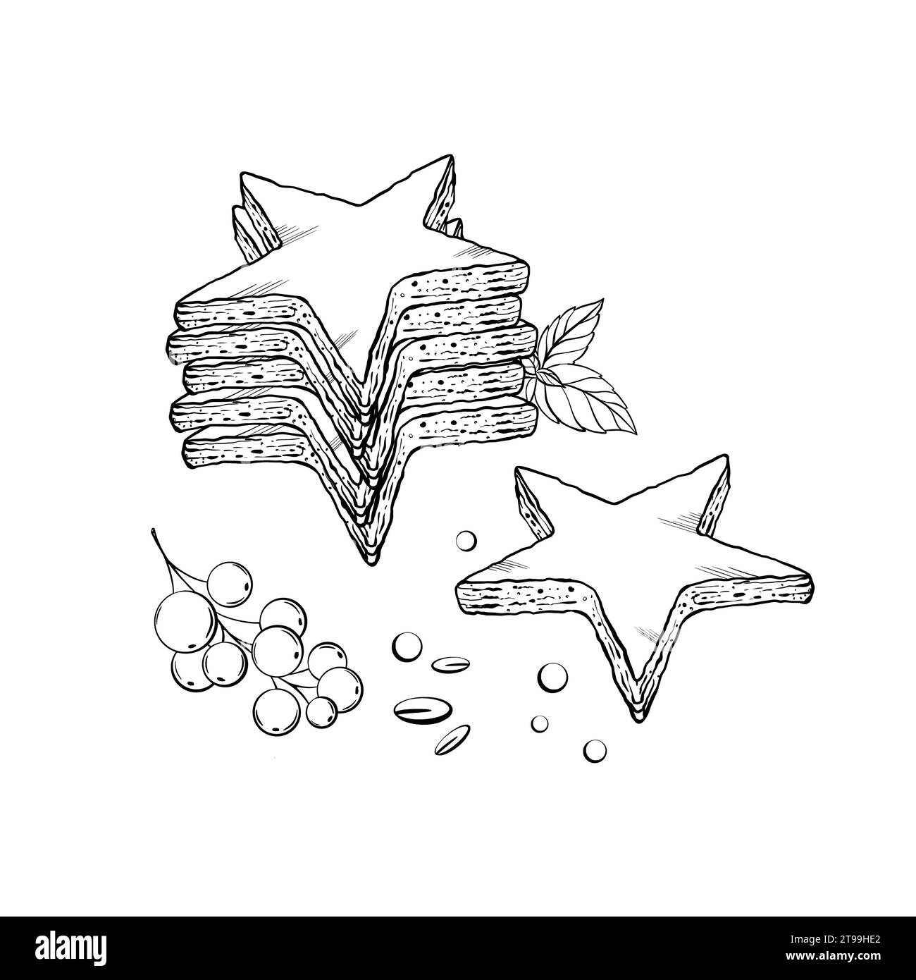 Sternförmige Kekse mit Minzblättern und Beeren. Vektorabbildung. Grapgischer STYLE. Handgezeichnet in einem einfachen minimalistischen Stil. Stock Vektor