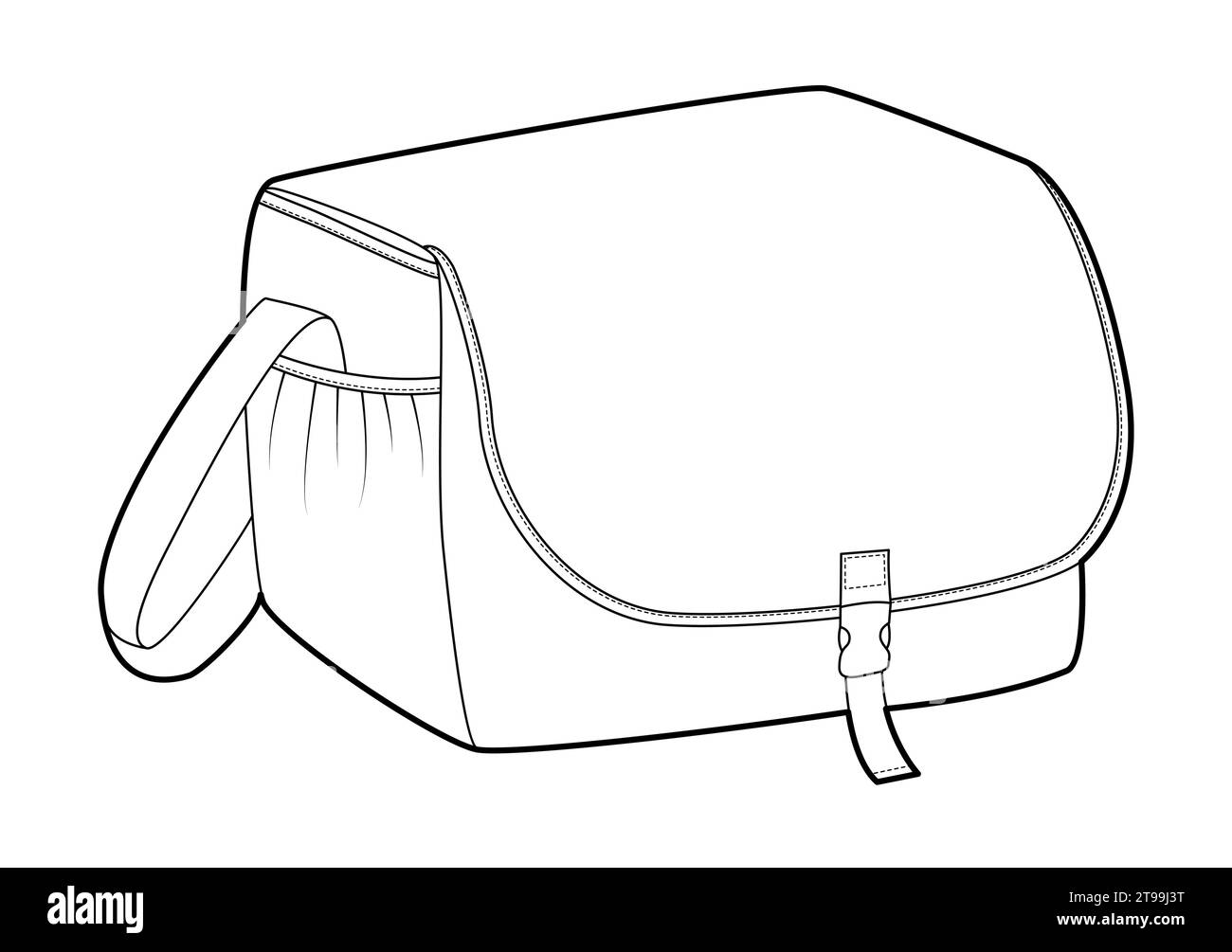 Kameratasche Box Silhouette Tasche. Mode Accessoire technische Illustration. Vektor-Umhängetasche vorne 3-4 Ansicht für Männer, Frauen, Unisex-Stil, flache Handtasche CAD Modell Skizze Umriss isoliert Stock Vektor