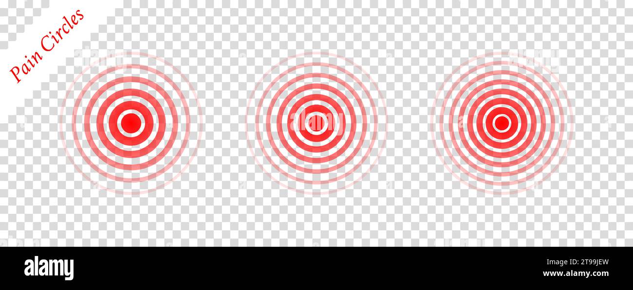 Schmerzkreiswelle. Zielsymbol. Roteffekt-Impuls isoliert auf weißem Hintergrund. Signalradar. Mustersonar. Konstruktion der Schwingungslinie. Radialstrahlen. Rund Stock Vektor