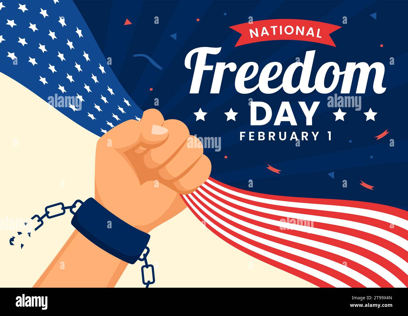 National Freedom Day Vektor Illustration am 1. Februar mit USA Flagge und Händen in Handschellen zu Ehren aller, die im flachen Hintergrund dienten Stock Vektor