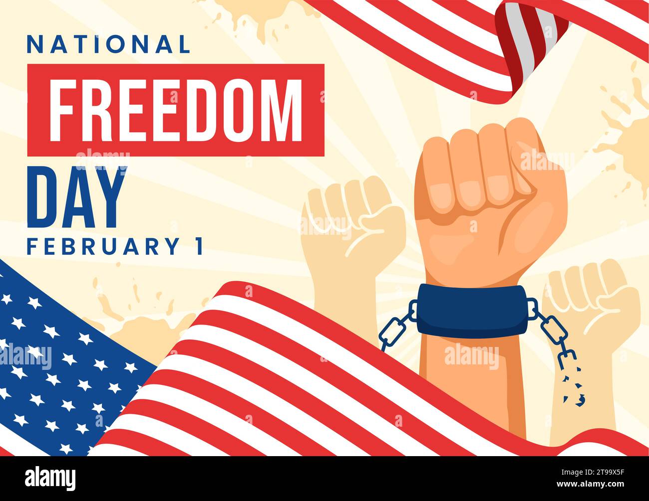National Freedom Day Vektor Illustration am 1. Februar mit USA Flagge und Händen in Handschellen zu Ehren aller, die im flachen Hintergrund dienten Stock Vektor