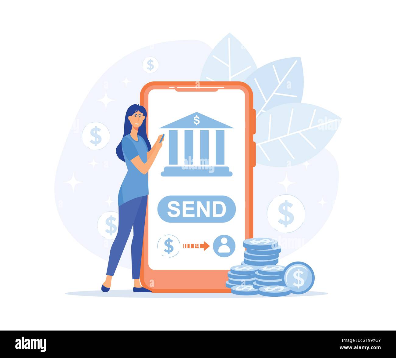 Mobile Banking-Konzept: Frau zahlt für Einkäufe oder sendet Geld über Smartphone-App. Moderne Illustration des flachen Vektors Stock Vektor