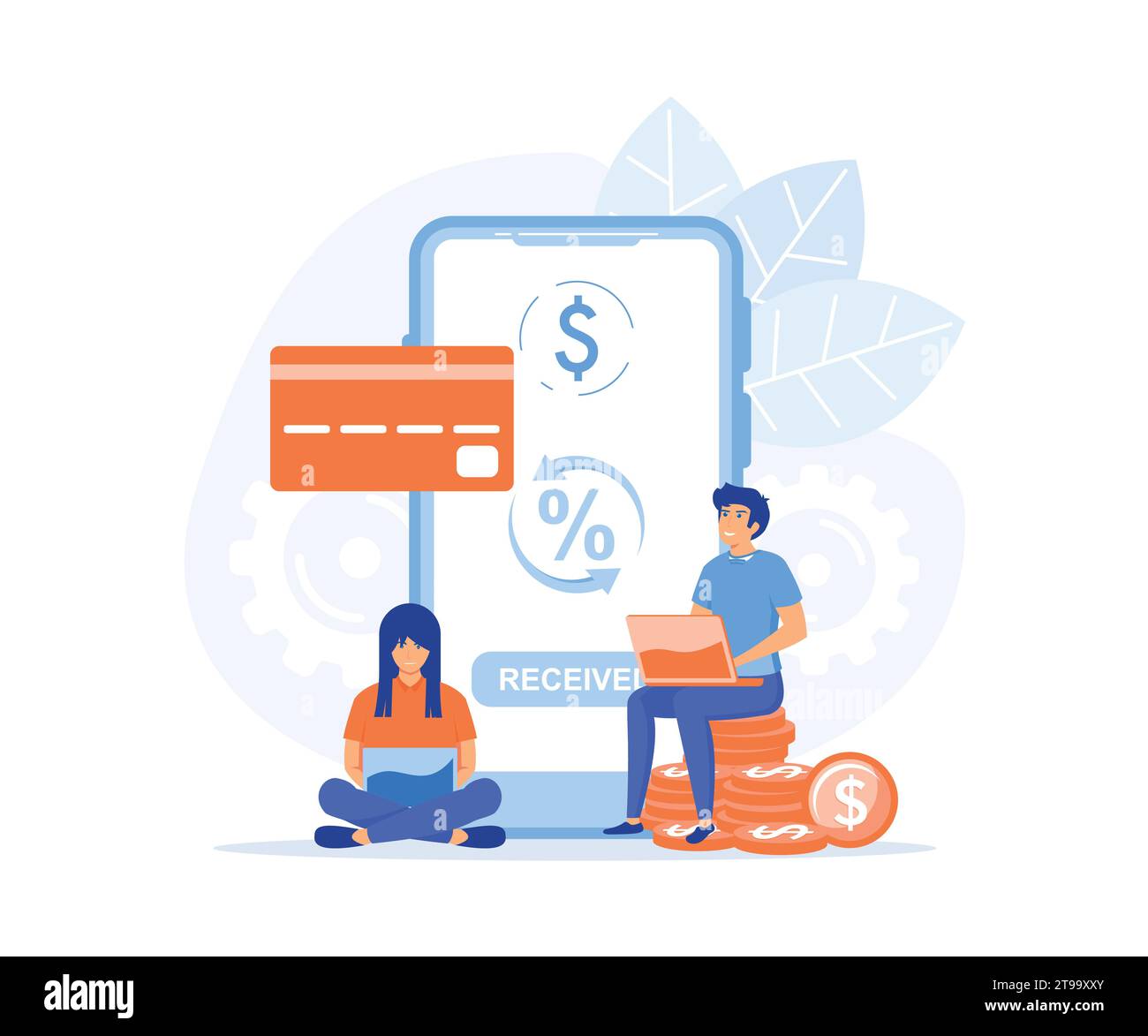 Online-Cashback-Konzept. Glückliche Leute, die Cashback für einen Käufer erhalten. Münzen oder Geldtransfer vom Smartphone auf E-Wallet. Online-Banking, flacher Vektor Stock Vektor