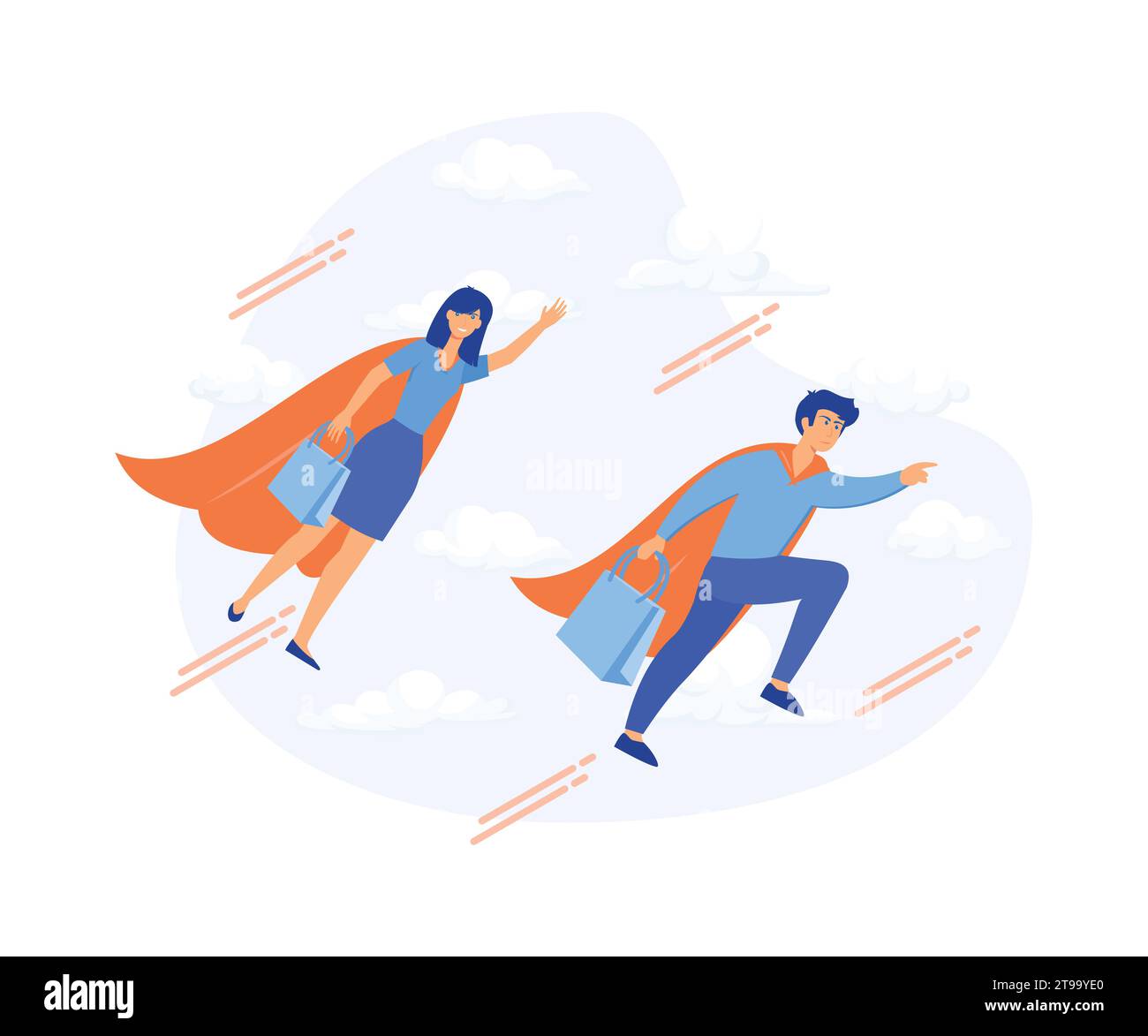 Konzept des großen Rabatts, Kunde, Leute mit Ladentaschen fliegen wie Superheld, dringender Verkauf, flache Vektor moderne Illustration Stock Vektor