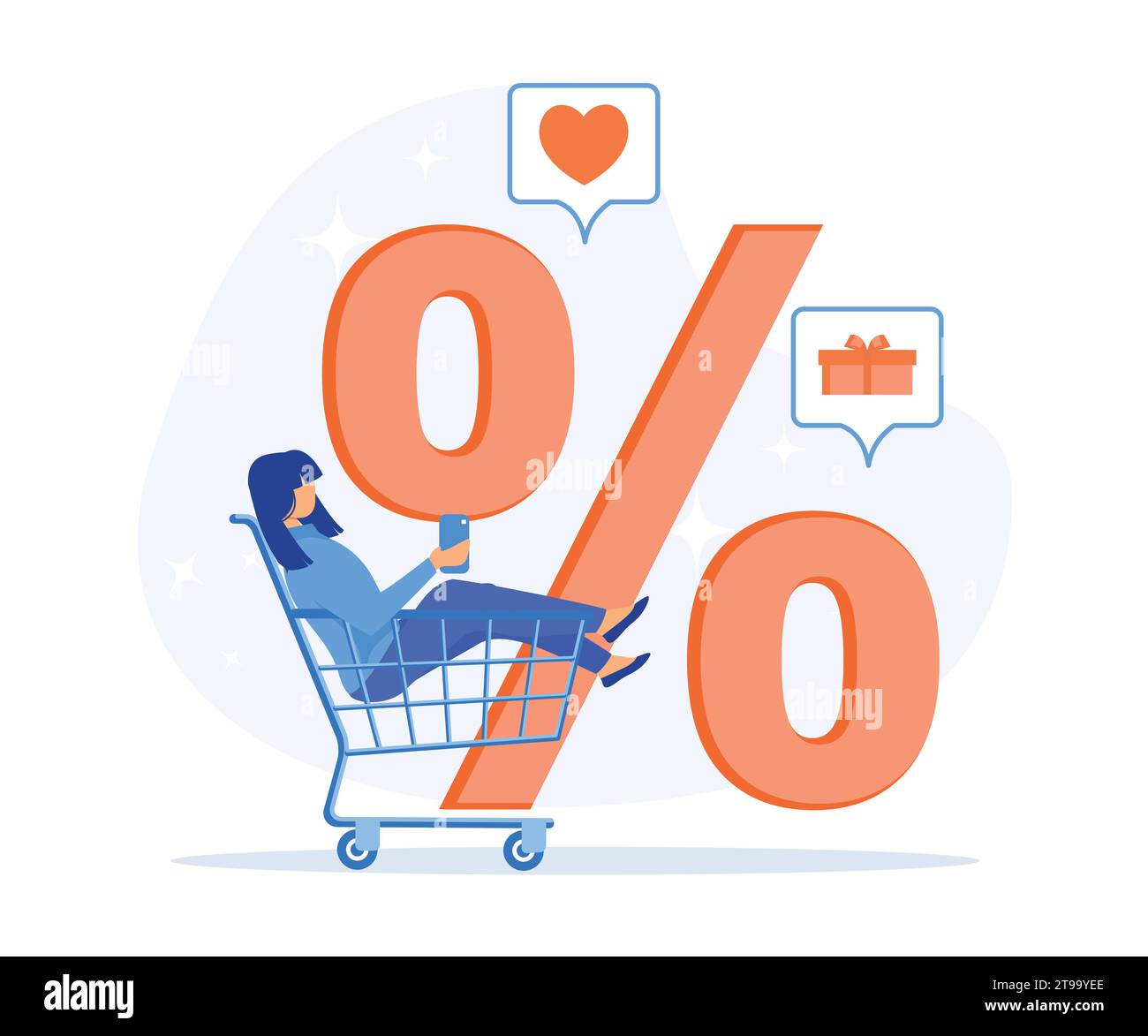Frau, die im Wagen sitzt und online einkaufen, großer Rabatt, Geschenke und Einkäufe, Verkäufe, saisonaler Verkauf im Geschäft, flache Vektor-moderne Illustration Stock Vektor