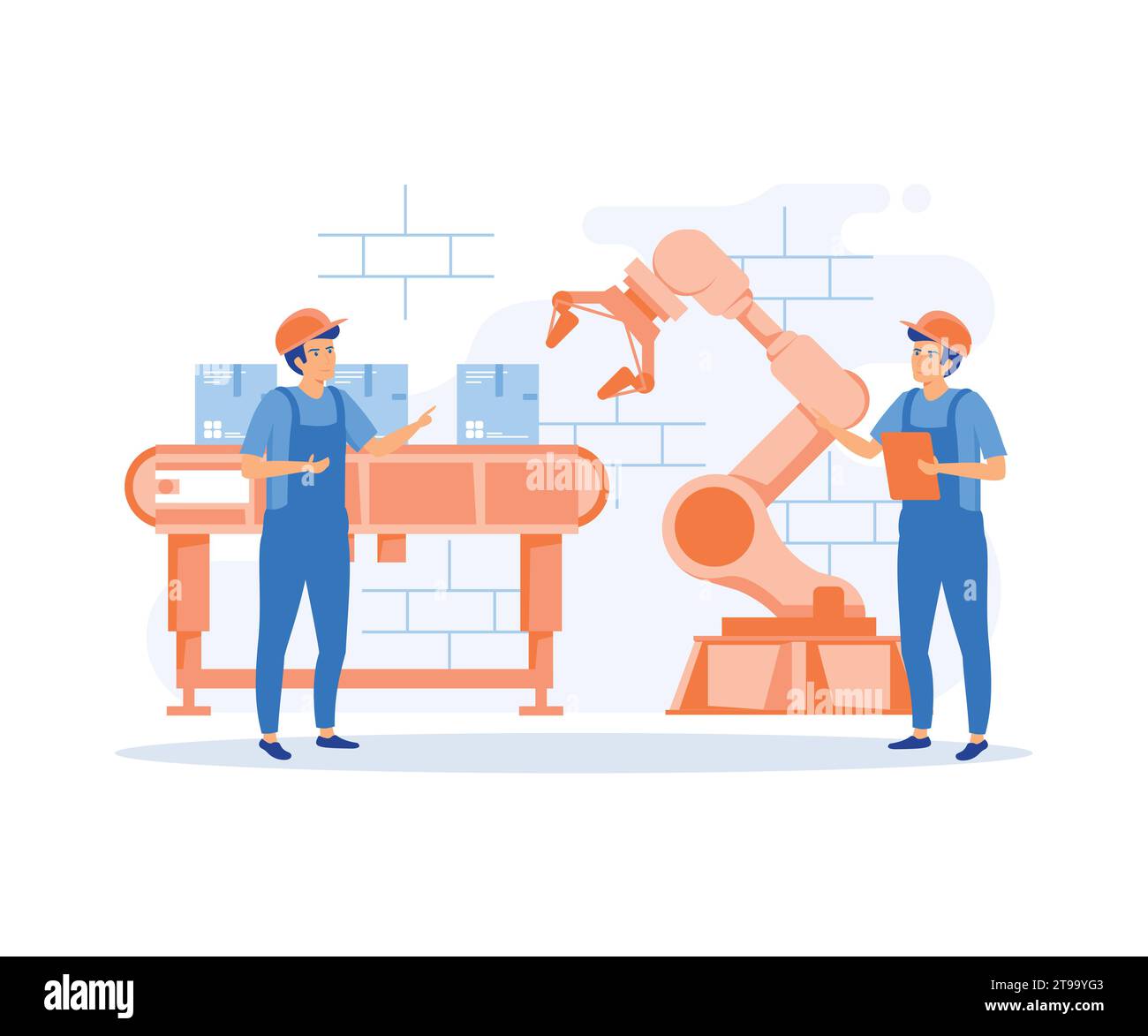 Techniker arbeiten mit interaktiver Schnittstelle. Intelligente Industrie, flache Vektor-moderne Illustration Stock Vektor