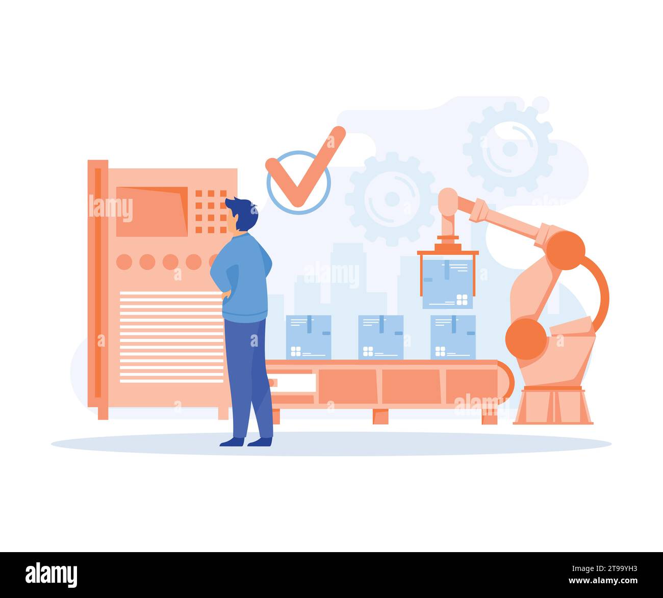 Techniker arbeiten mit interaktiver Schnittstelle. Intelligente Industrie, flache Vektor-moderne Illustration Stock Vektor