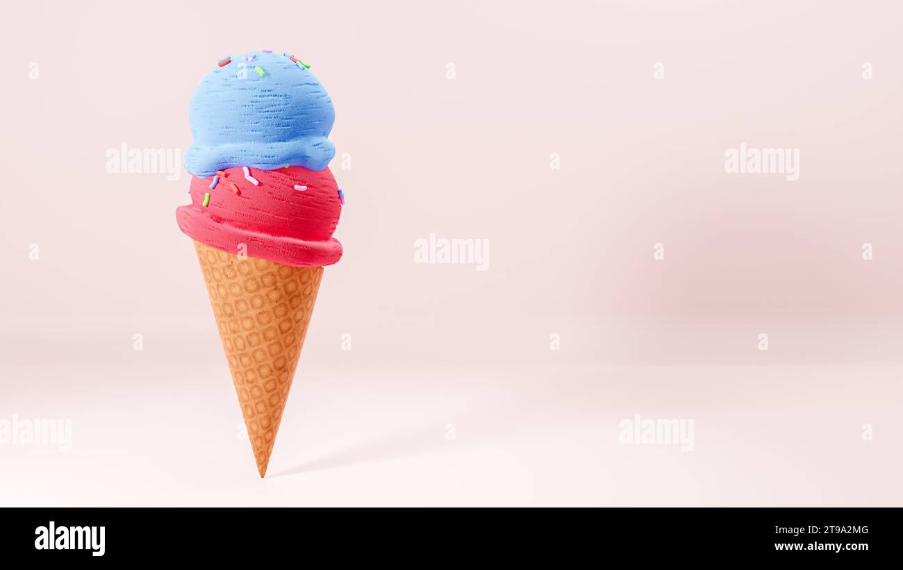 Weicheis Waffelkegel auf rosafarbenem Hintergrund. Softeis servieren, Eisbecher in Waffelkegel oder Vanilleeis der Maschine. Gefrorenes Dessert mit zwei Bällen. Stockfoto