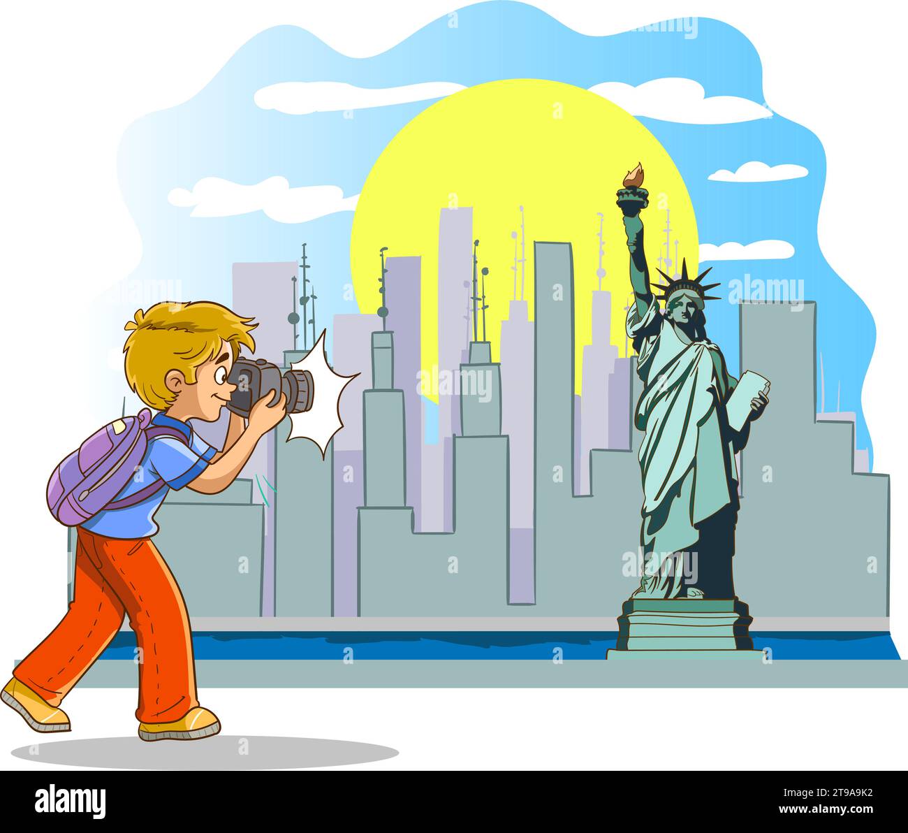 Fotograf Boy fotografiert die amerikanische Statue des Freiheitsturms Stock Vektor