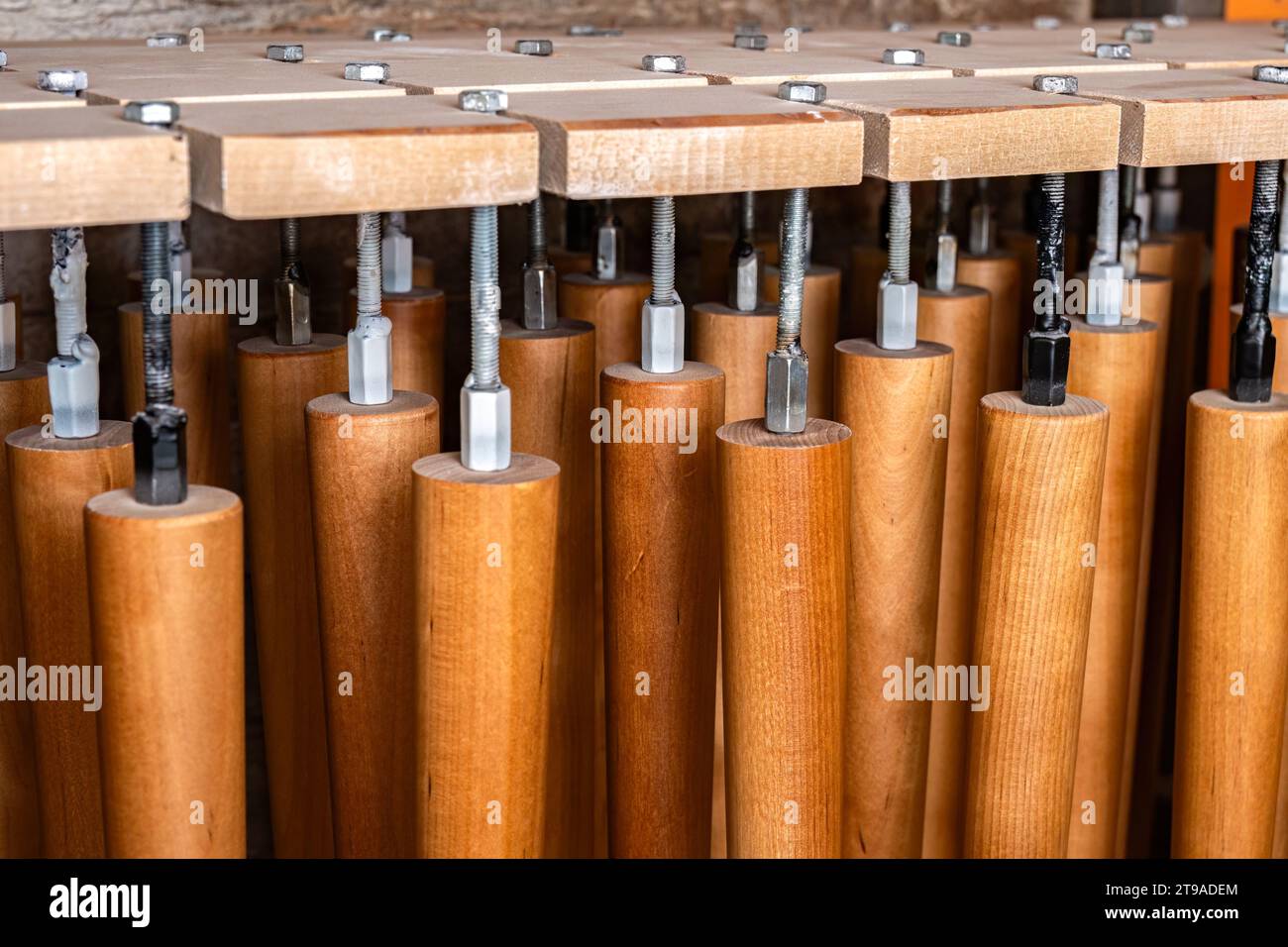 Sammlung neuer Holzmöbelbeine, die nach dem Auftragen des Lackes in der Holzwerkstatt trocknen Stockfoto