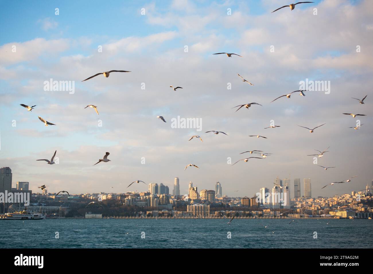 Blick vom Maiden-Turm am Abend, mit der Hagia Sophia und der Blauen Moschee in der Ferne Stockfoto