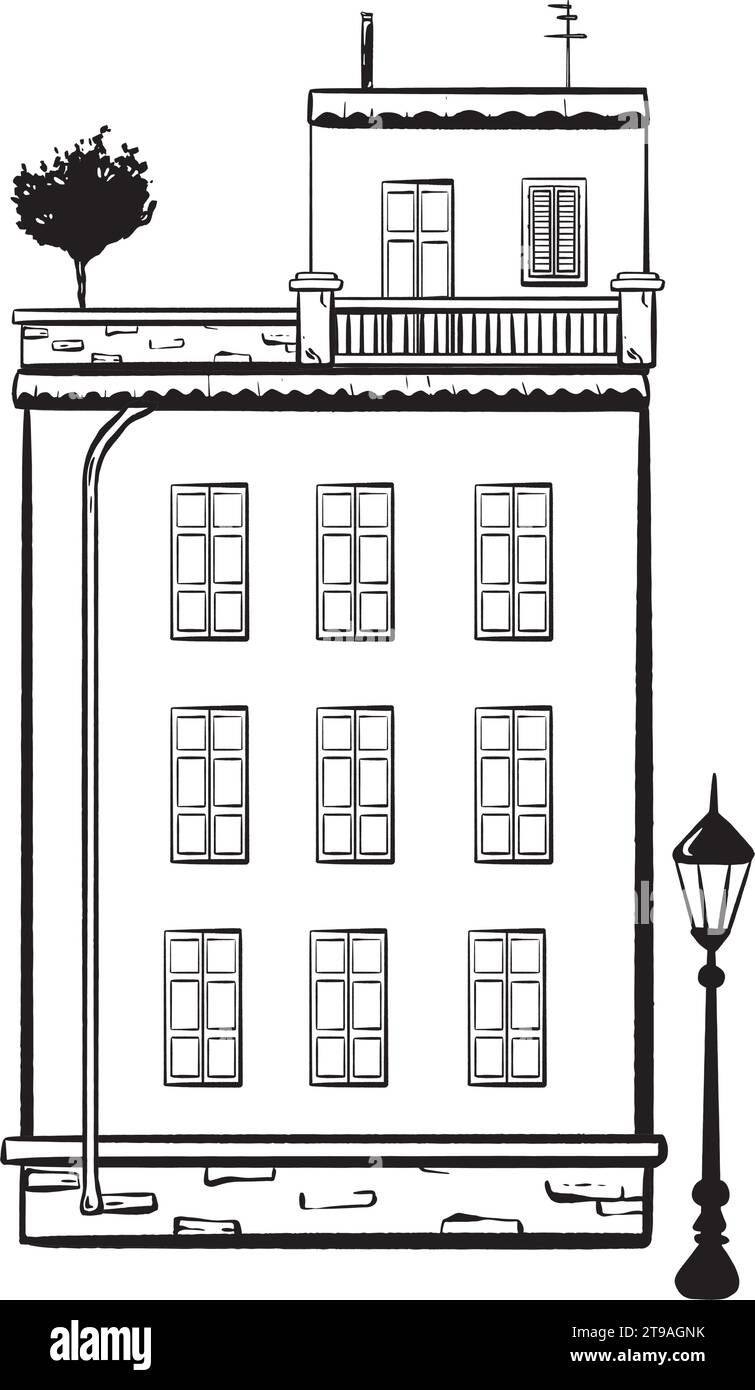 Handgezeichneter Tintenvektor. Gemütliches italienisches Haus. Äußere Skizze, die eine Straße erfasst. Steinverkleidetes Gebäude mit Balkon mit Bäumen und Fenstern Stock Vektor