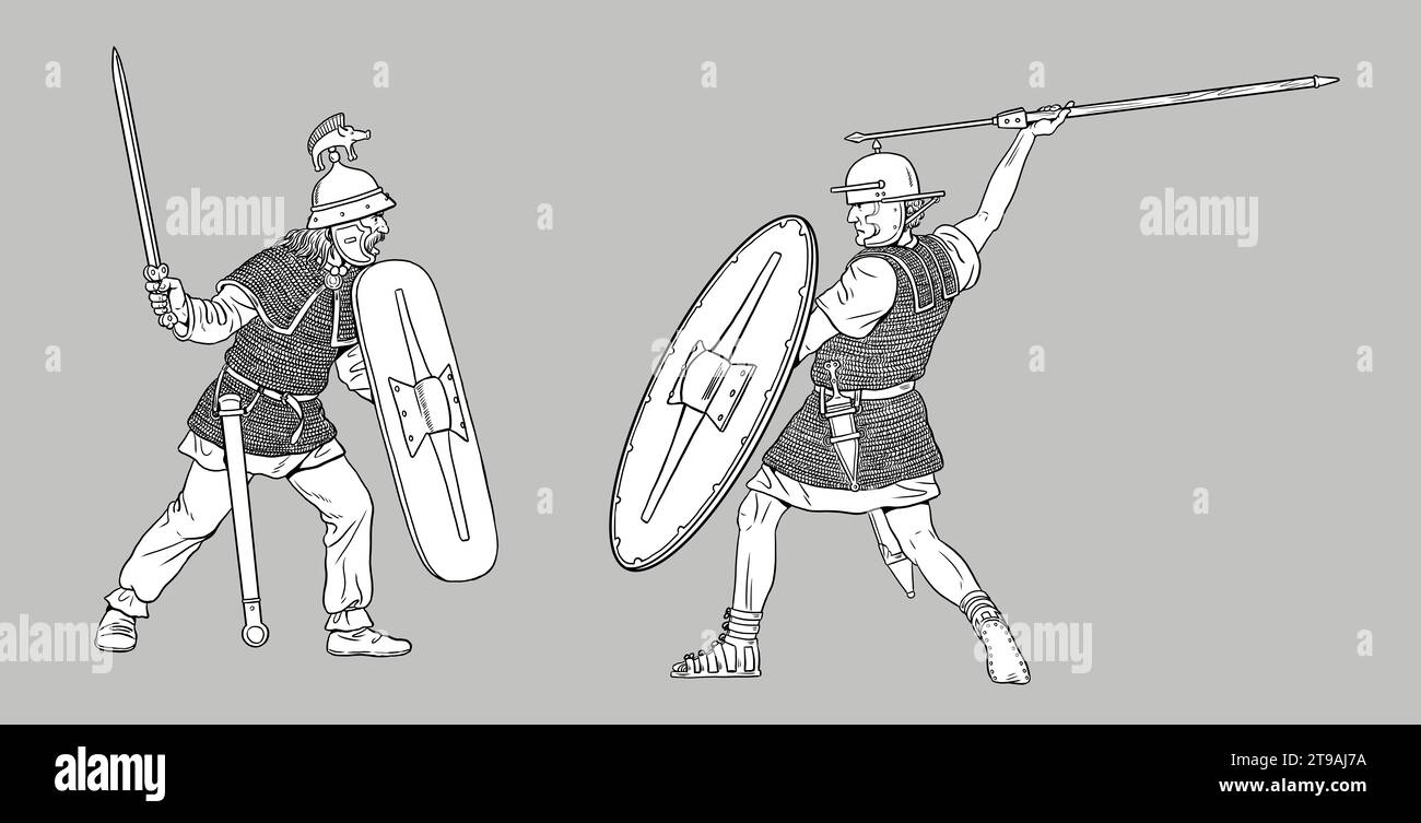 Römische Legionäre gegen die Gallier. Julius Cäsar Gallic War. Historische Zeichnung. Stockfoto