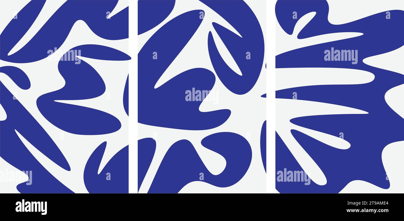 Ein Set aus drei abstrakten Postern. Moderne Wandkunst mit organischen, unregelmäßigen geometrischen Formen. Minimalistisches Bild für kreatives Design. Vektorillus Stock Vektor