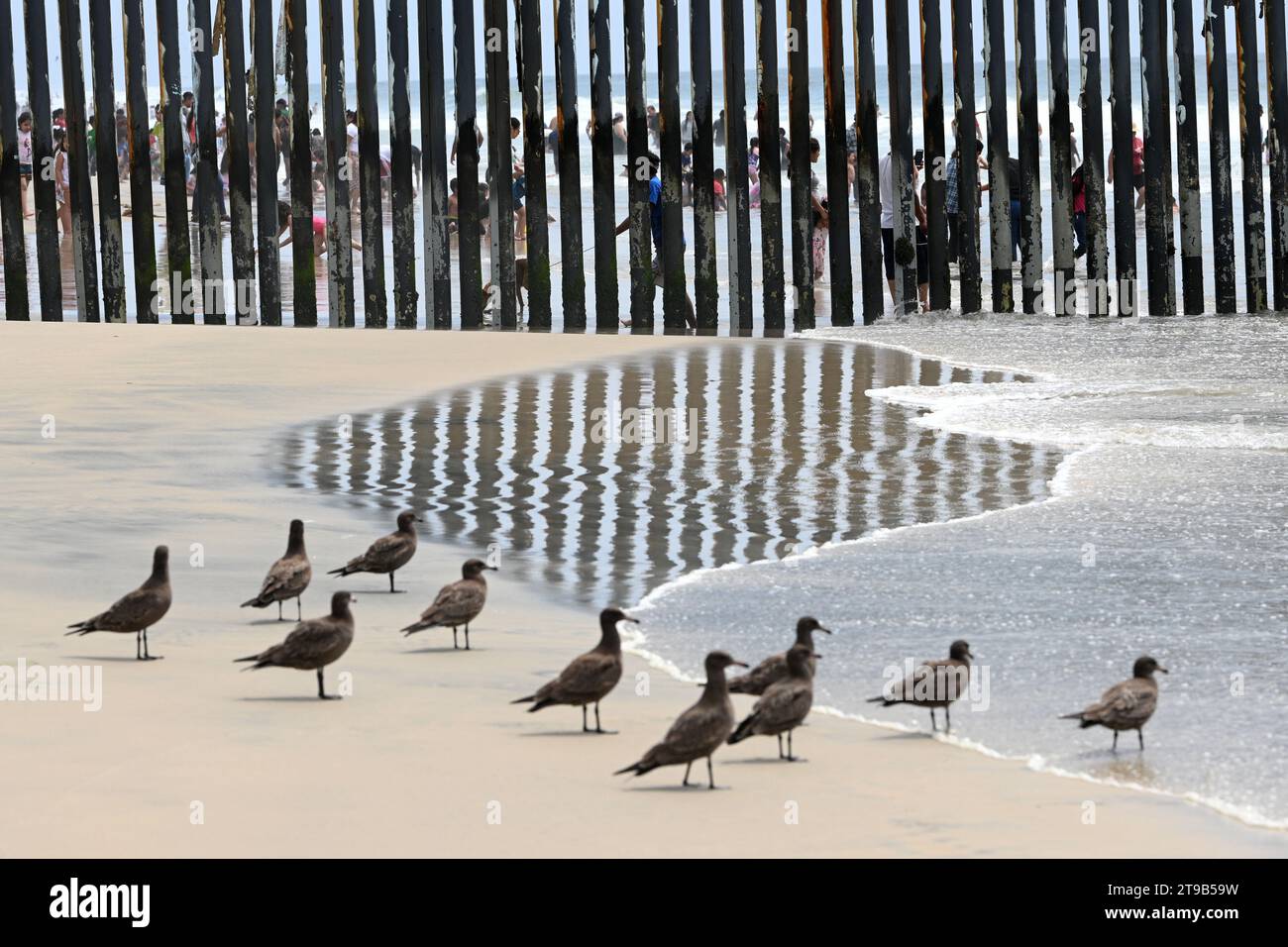 Border Field State Park Beach, CA, USA - 30. Juli 2023: Die USA Mexico Border Wall in der Nähe des Friendship Park und der Tijuana Beach Promenade, Mexiko. Stockfoto