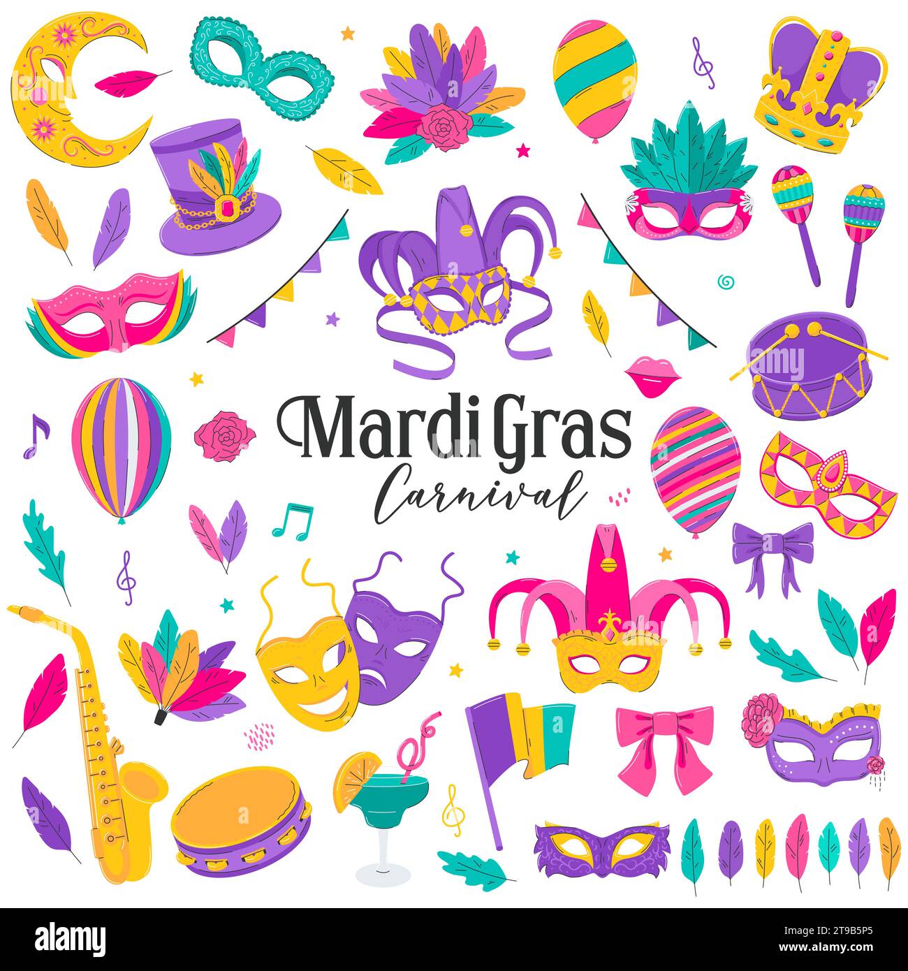 Mardi Gras Traditional Symbols Kollektion. Dekorative Elemente für Mardi Gras, venezianisches Festival. Karnevalsmasken, Partydekorationen, Federn. Flach ve Stock Vektor