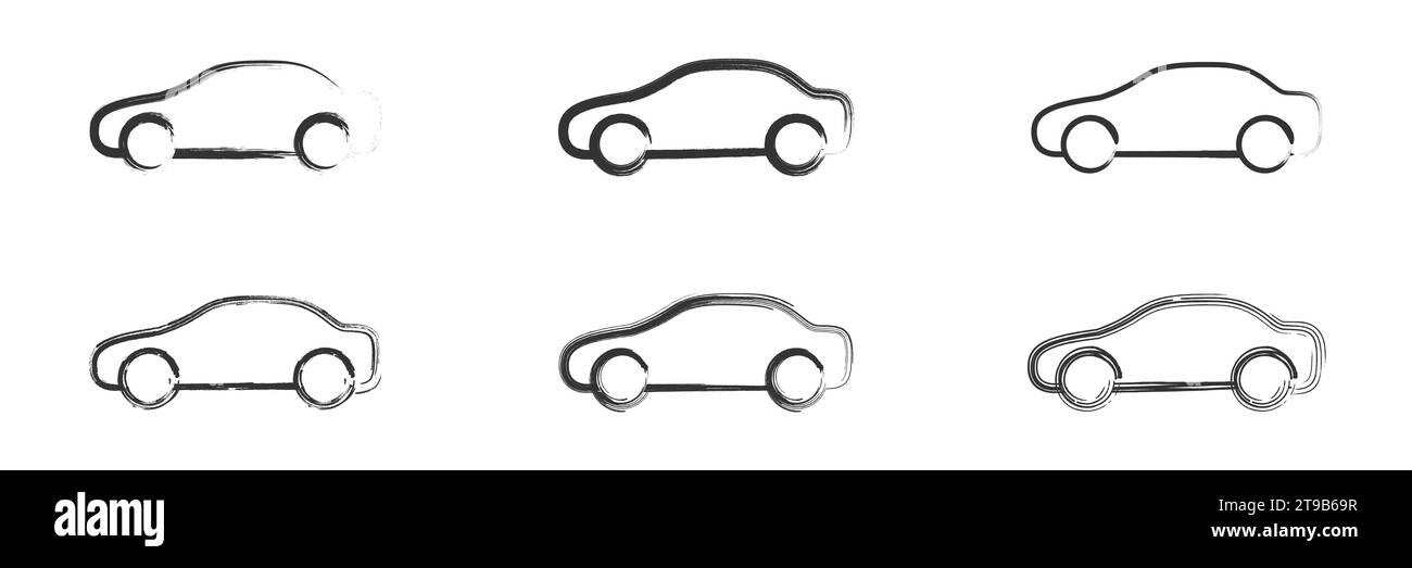 Handgezeichnetes lineares Auto – Symbolsatz. Vektorabbildung Stock Vektor